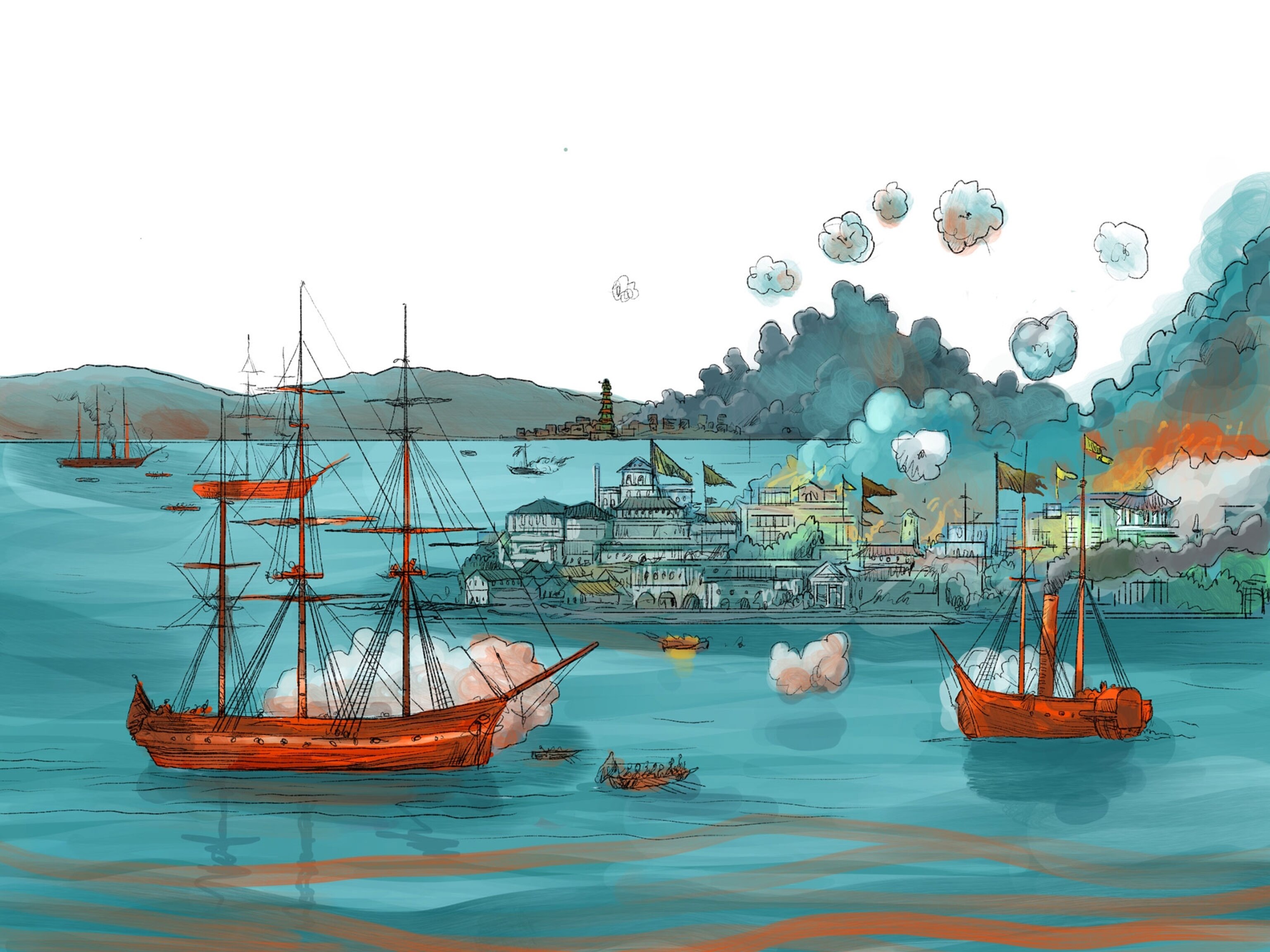 A drawing of the first opium war in Hong Kong