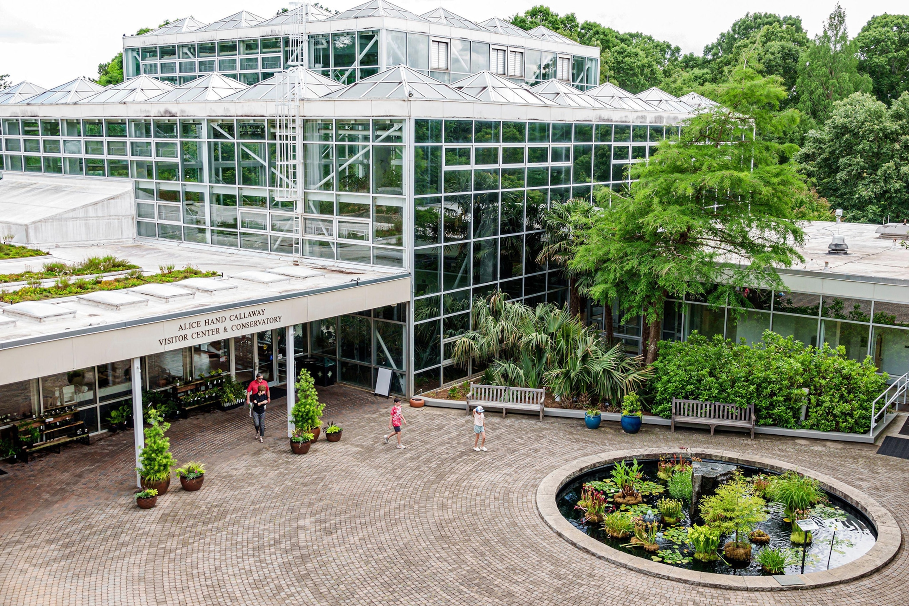 The exterior of a buliding with glass and various types of trees inside and along the exterior.