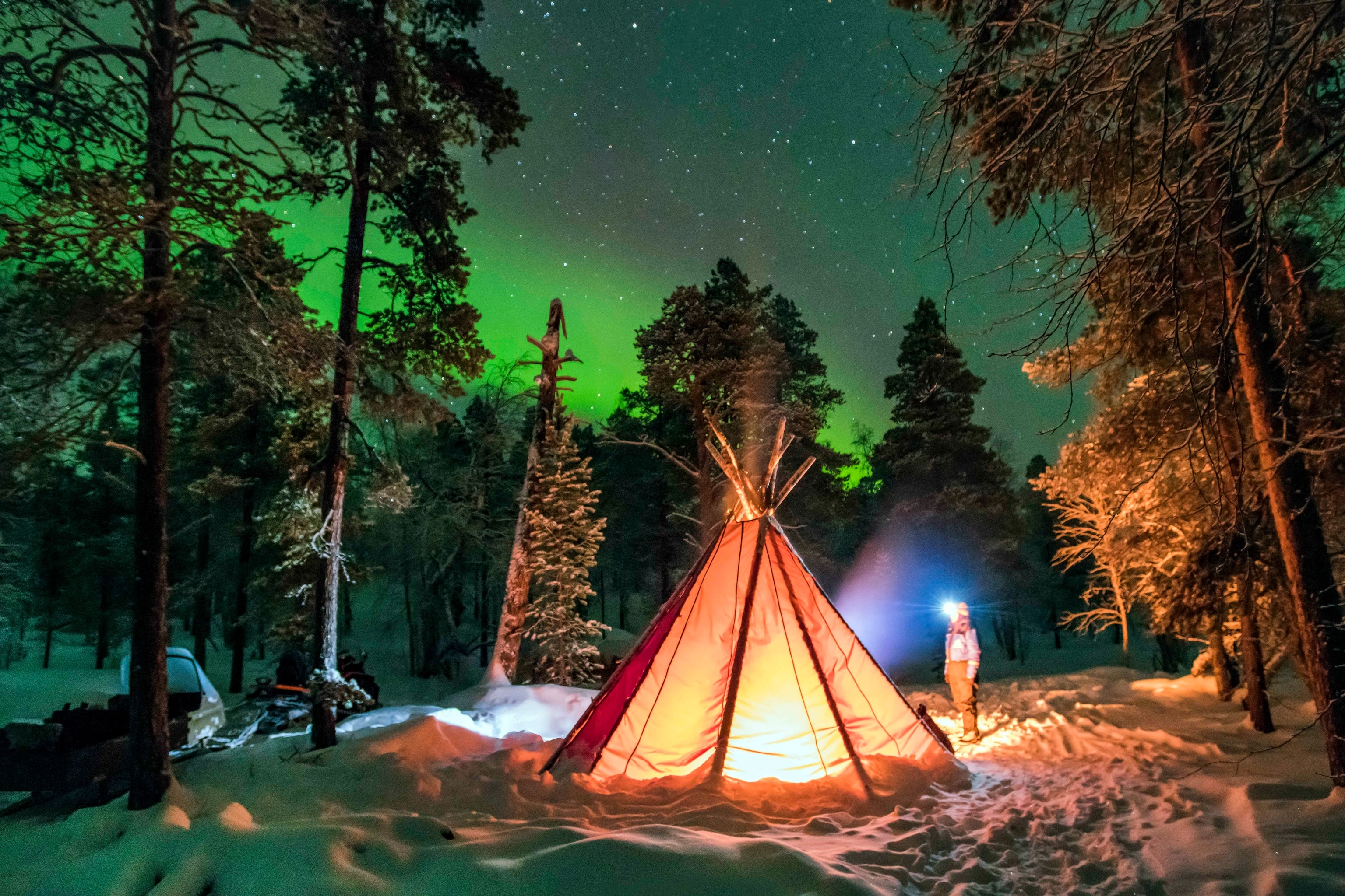Below green swirls of the Aurora Borealis lighting up the starry night sky, a woman with a headlamp stands in front of a tent lit up from within, surrounded by tall trees in a snowy forest.