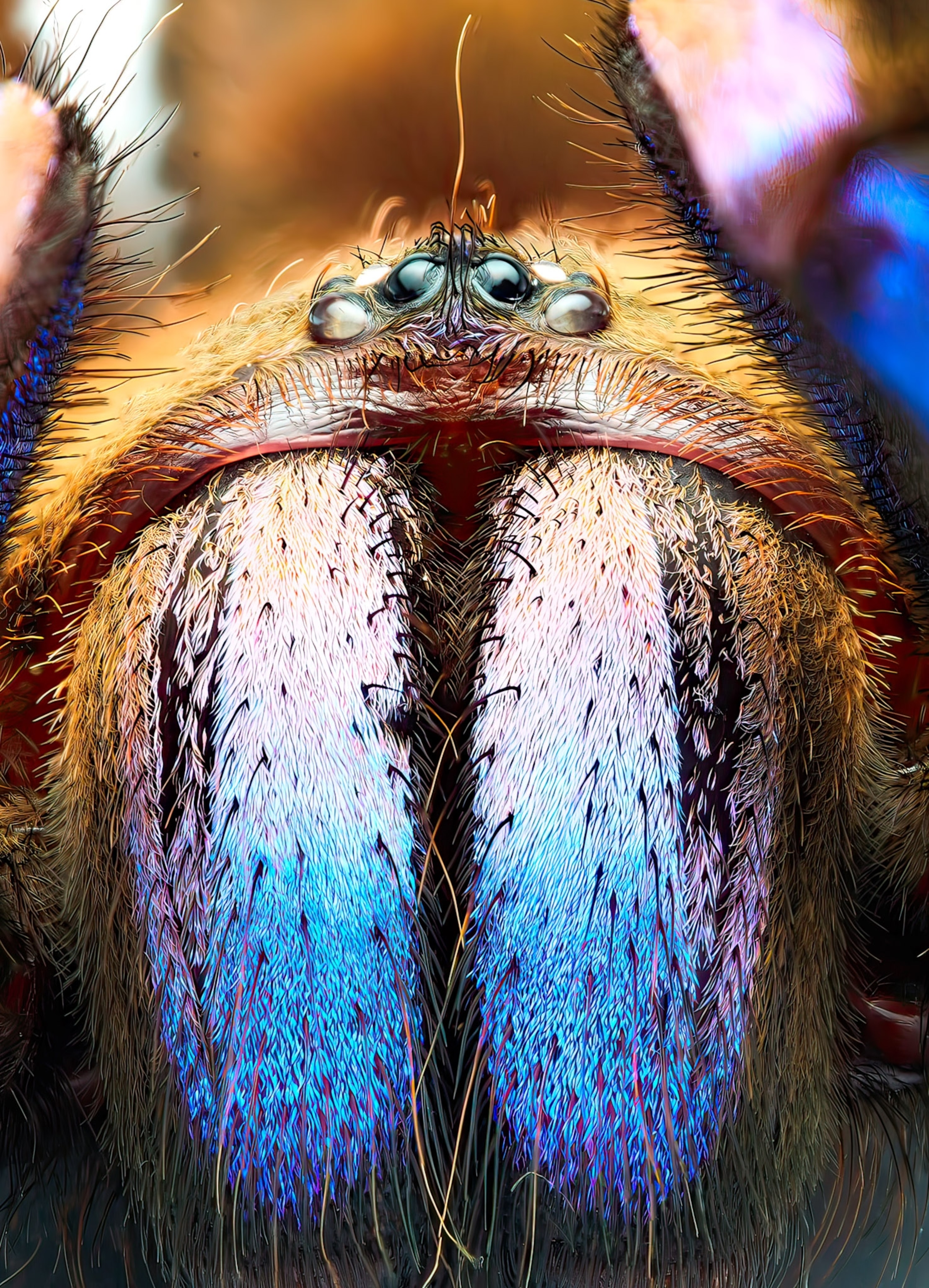 Close up view of Chilobrachys natanicharum with highlights of blue and purple.