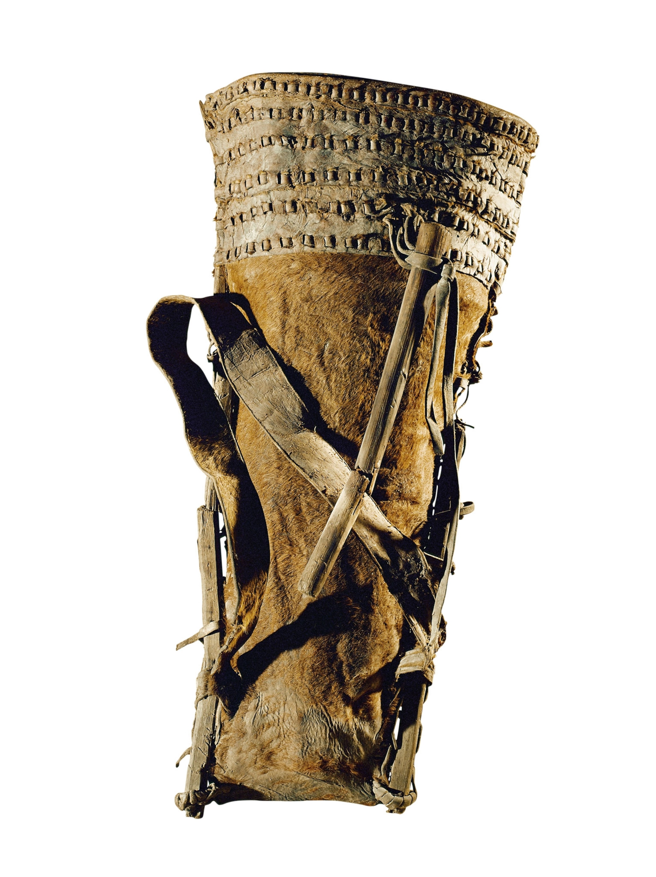 A cylindrical backpack made from cowhide