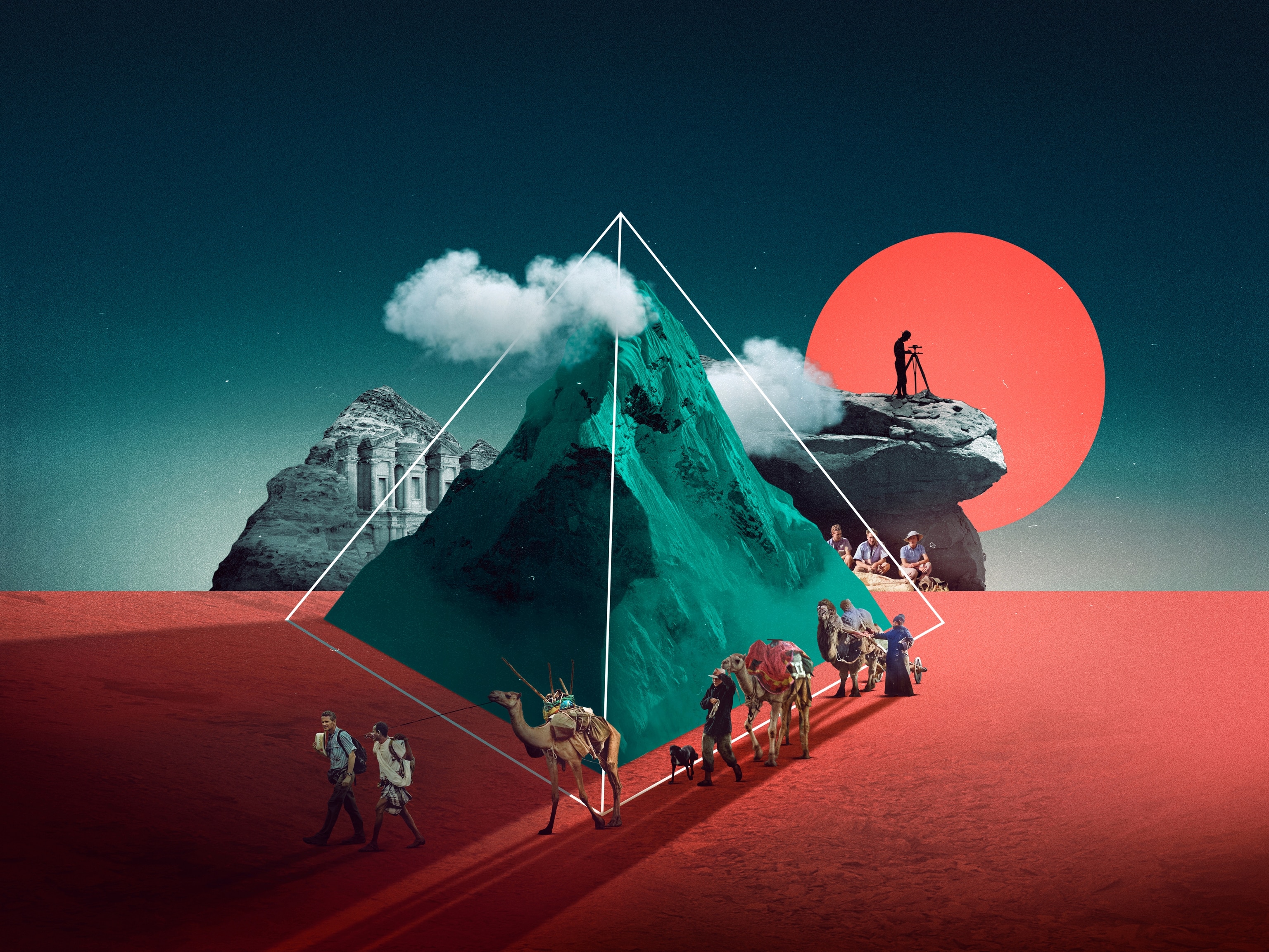 Collage made from photos of people, camels, pyramids and Petra ruins.