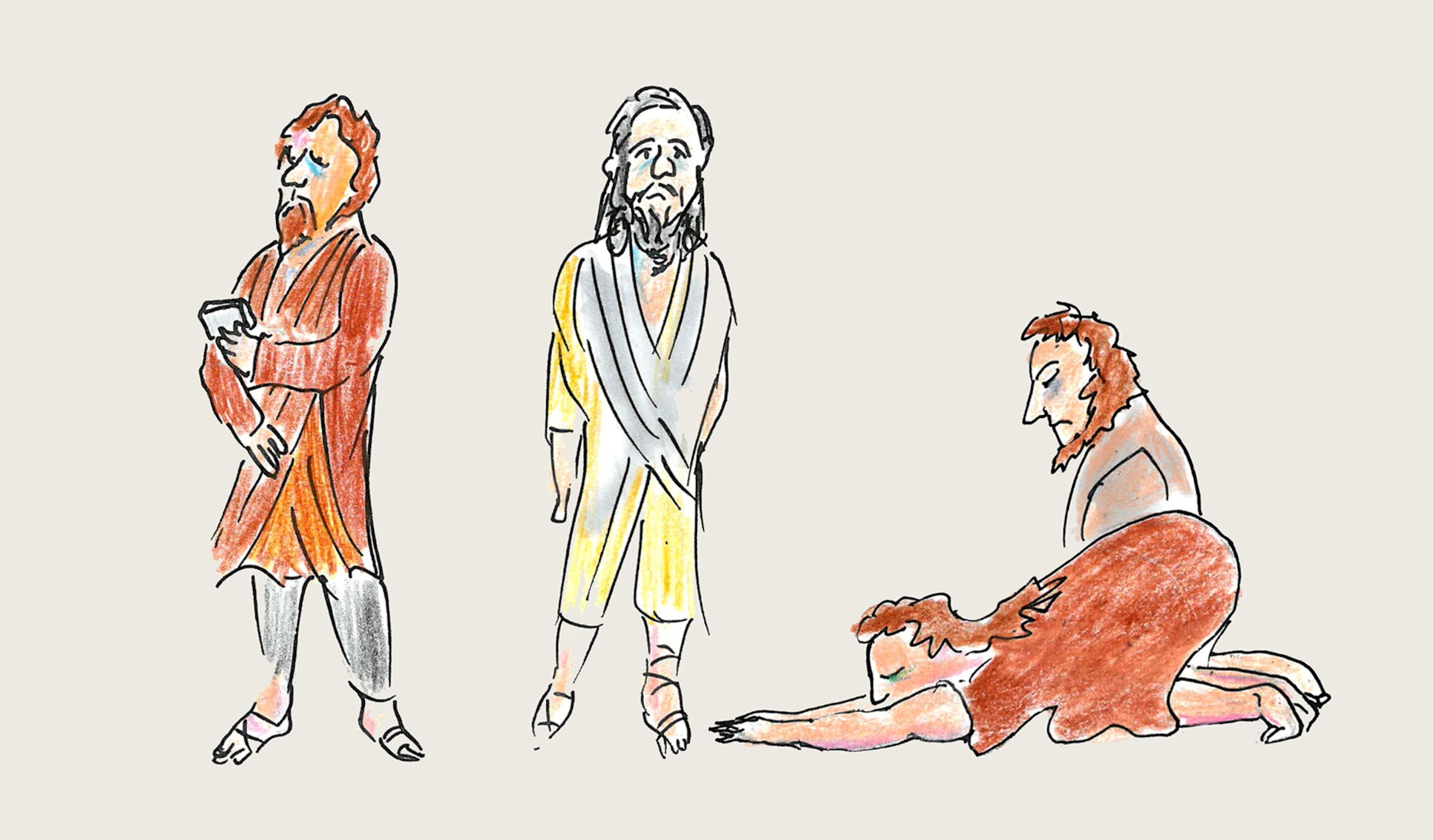 Drawing of four individuals: an accountant, a slave owner, and two slaves