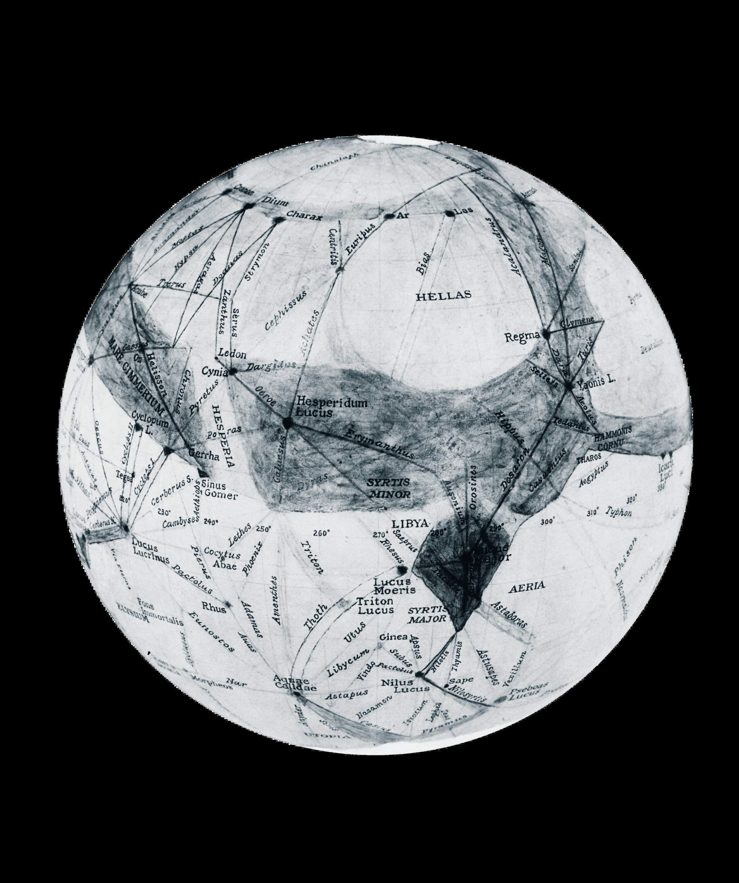 planet surface marked with lines and names.