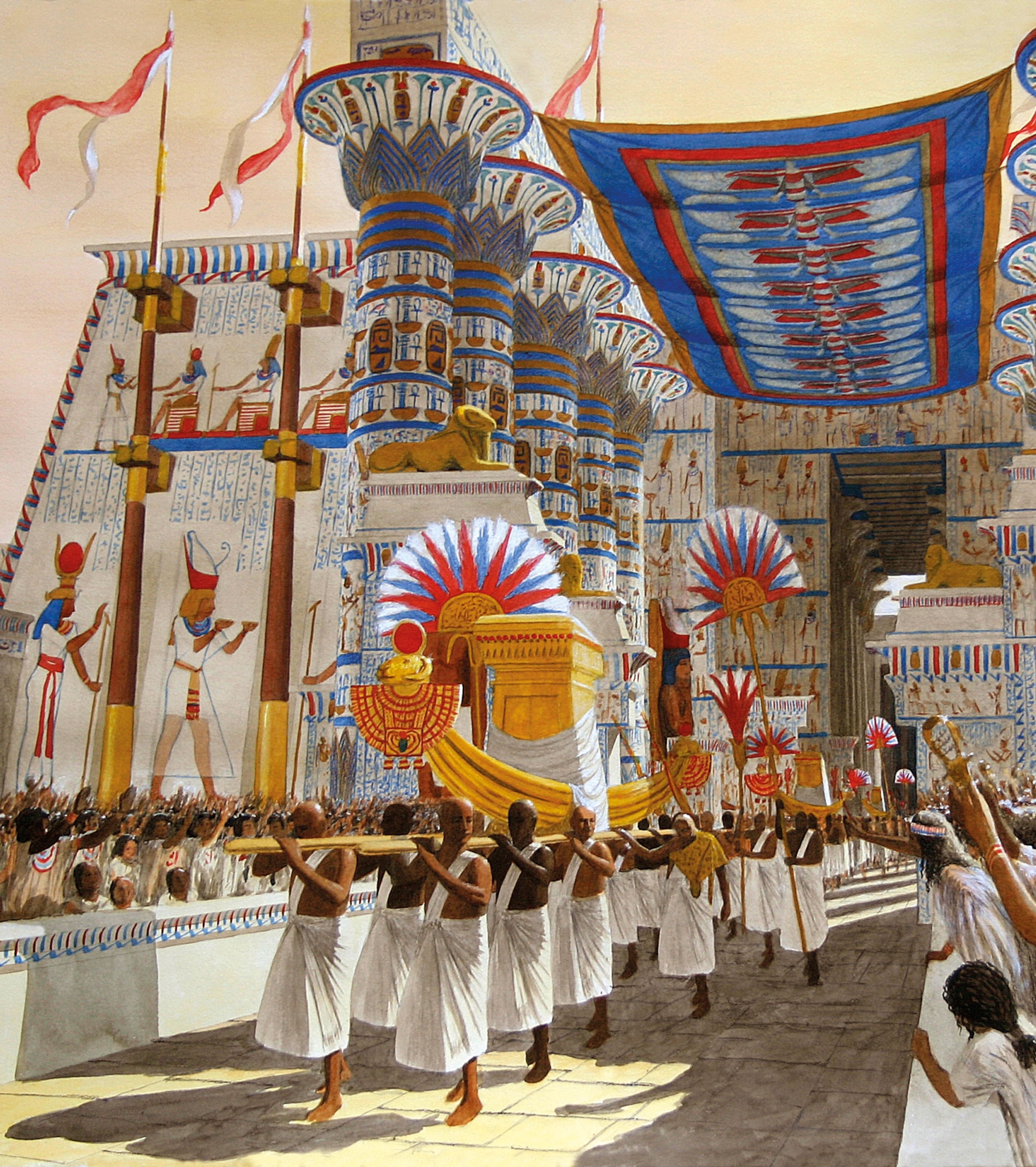 an illustration re-creating the excitement as the sacred barks leave Karnak for Luxor