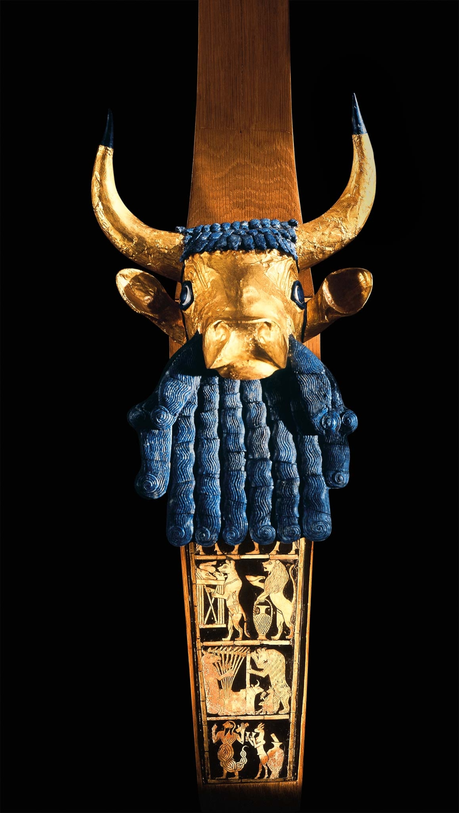 This golden lyre is one of the oldest stringed instruments ever found, from circa 2450 B.C. The bull's distinctive blue beard is made from lapis lazuli.