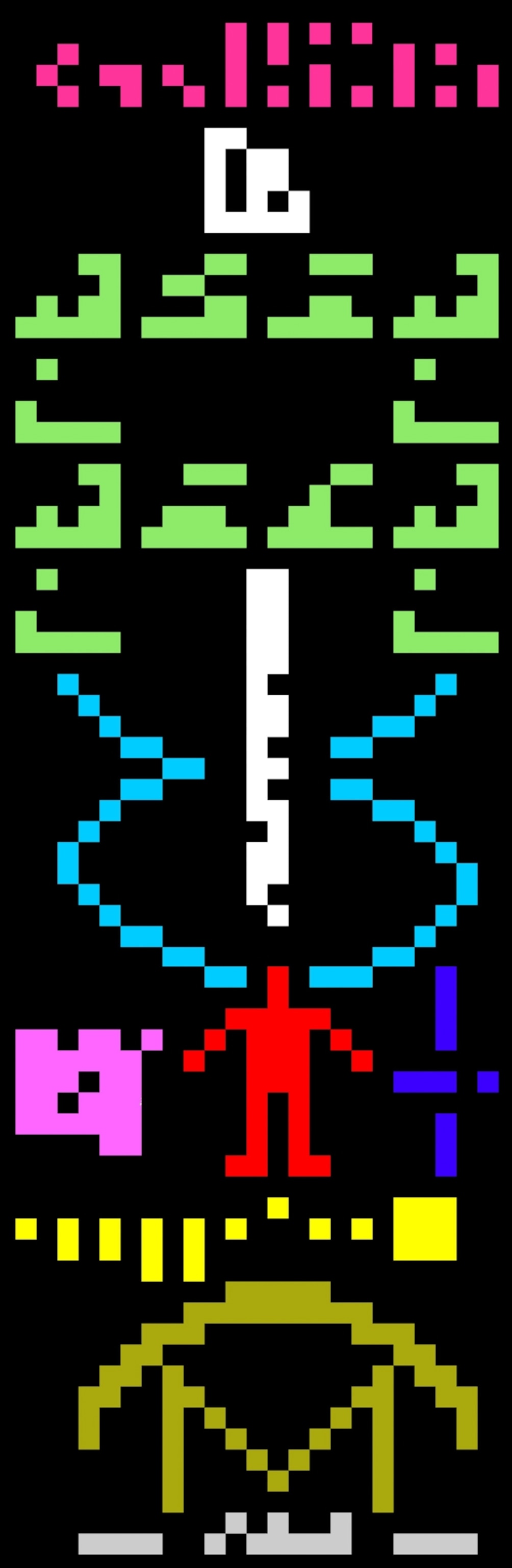A pixelated series of symbols meant to communicate basic information about humans and our solar system