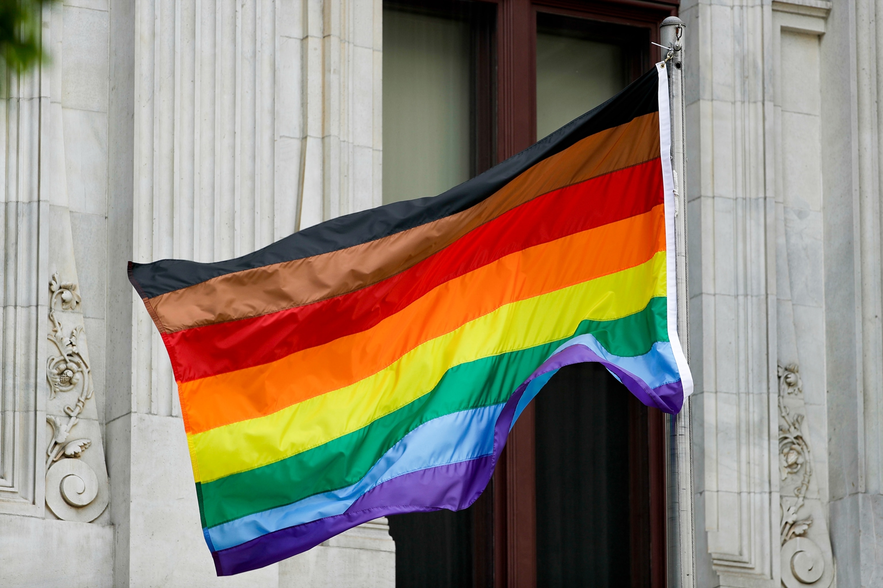 A flag with with the colors from the top down are black, brown red, orange, yellow, green, blue and purple billows in the wind in front of the stone government building.