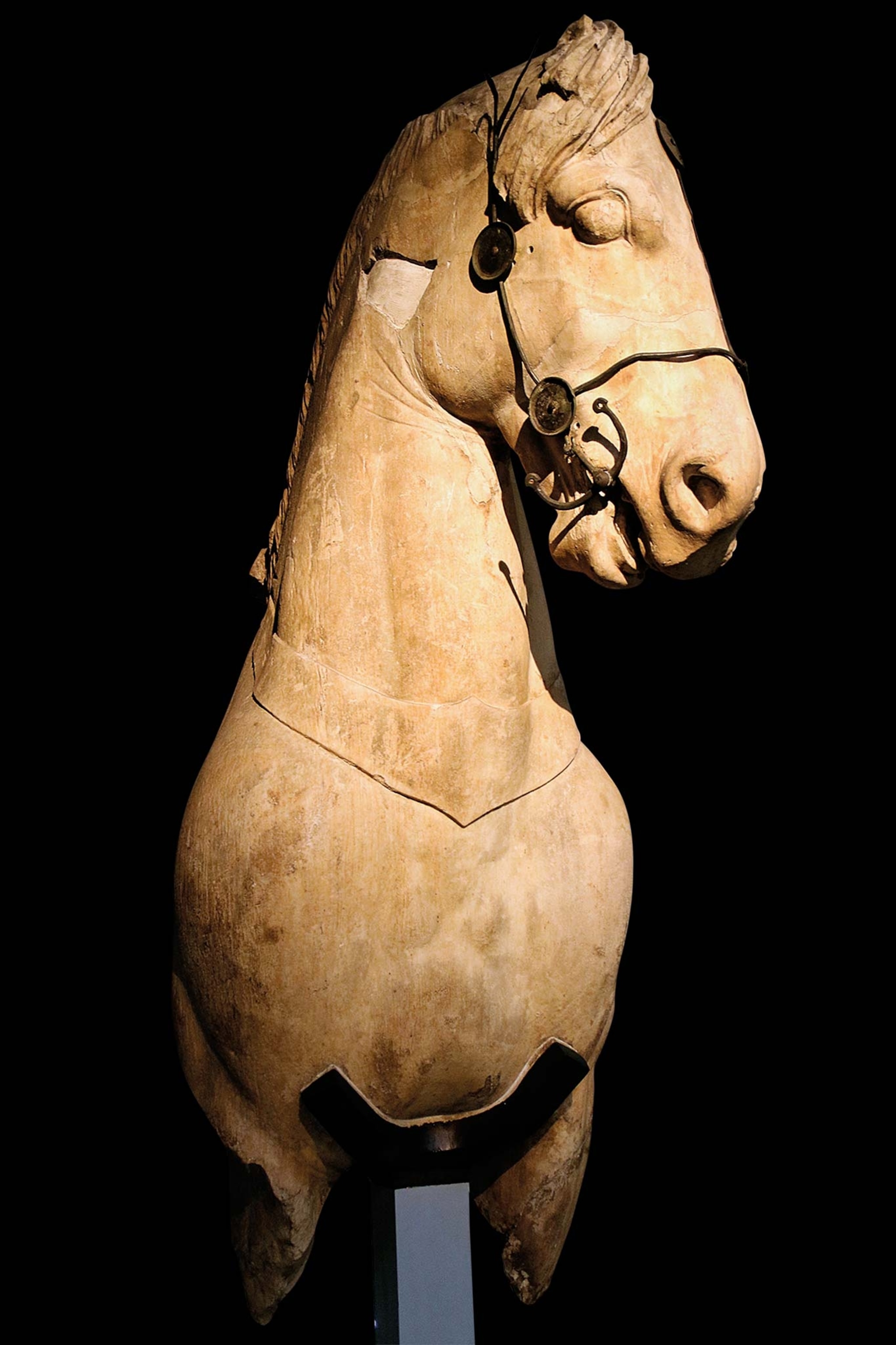 A sculpture of a horse with reins
