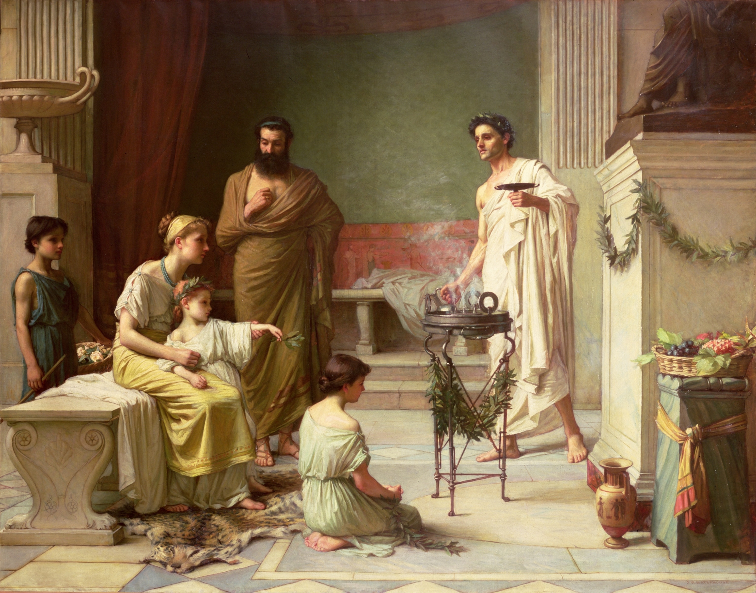 An oil painting a woman seated with a child in her. The child is lazily pointing, with herbs grasped in their hand, towards a steaming apparatus in the center of the room. Another young girl kneels beside the steaming apparatus and two men stand overlooking.
