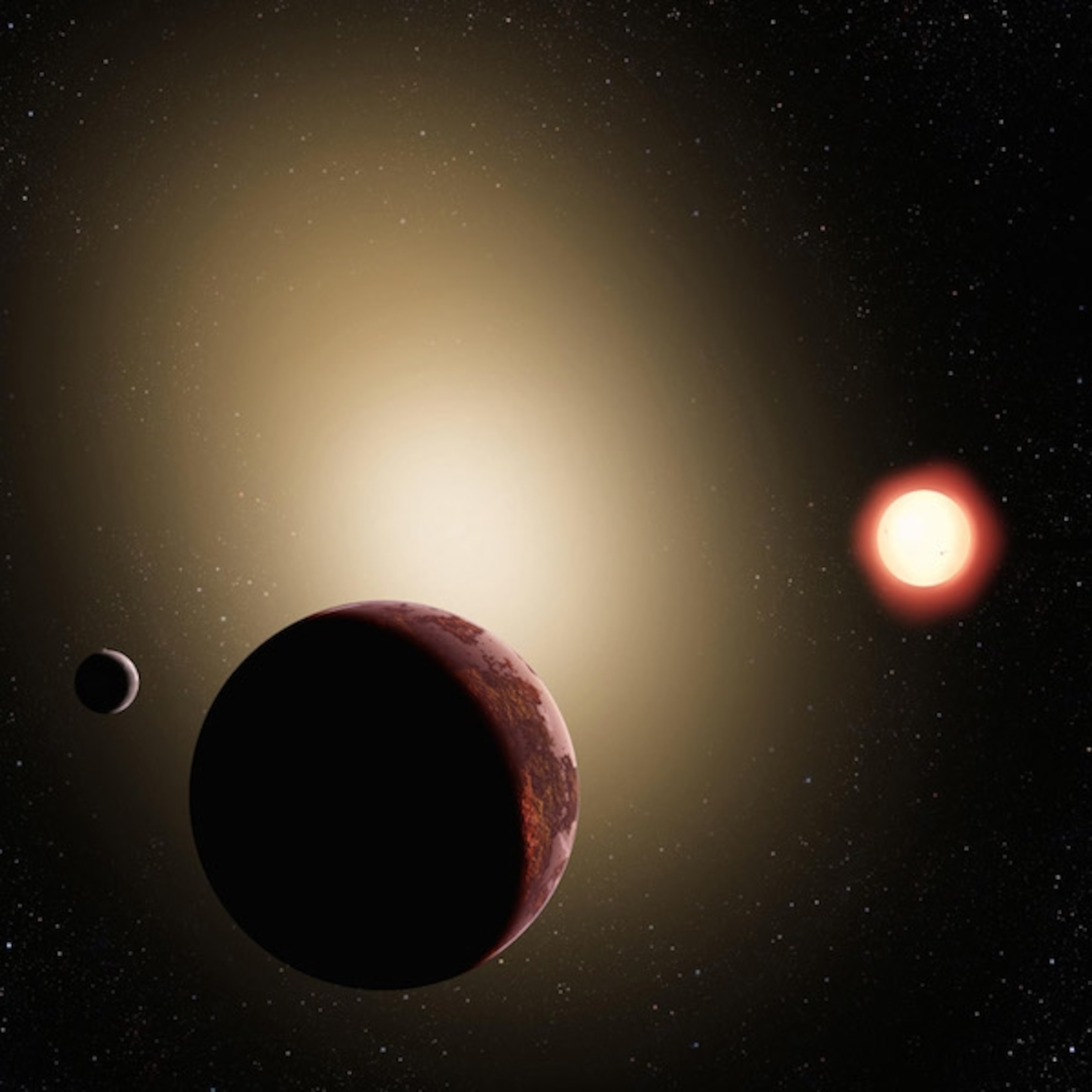 Artist's conception shows the future Earth, whose oceans have boiled away due to the Sun's increasing heat, exiled to the outskirts of the new merged galaxy that astronomers have dubbed "Milkomeda." (David A. Aguilar, CfA)
