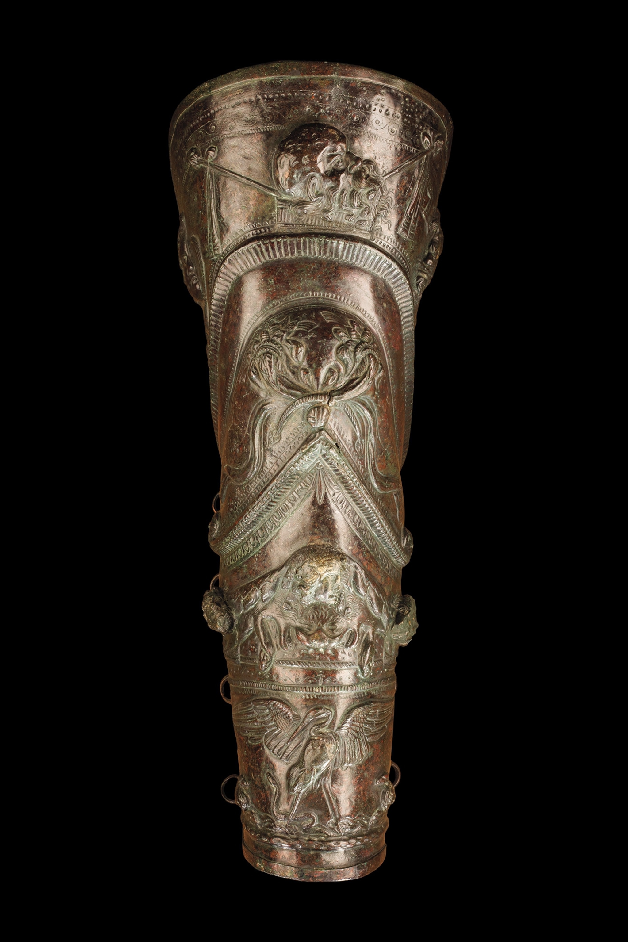 Elaborately decorated with storks fighting snakes, this leg protector was part of a pair worn by a thraex-style gladiator in Pompeii.