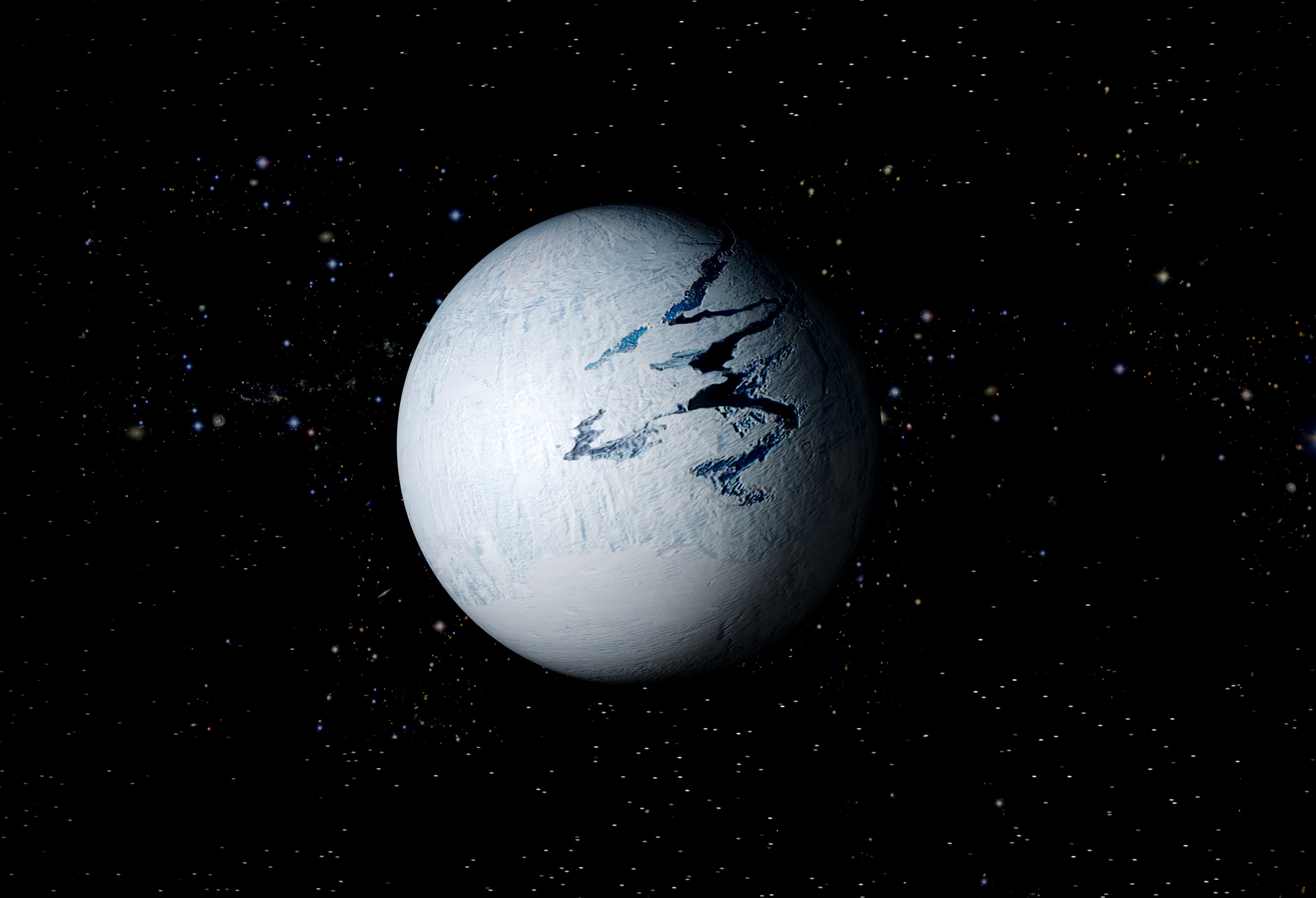 An illustration depicting the globe from 650 millions years ago, as it may have appeared from space while the planet was mostly covered in ice.