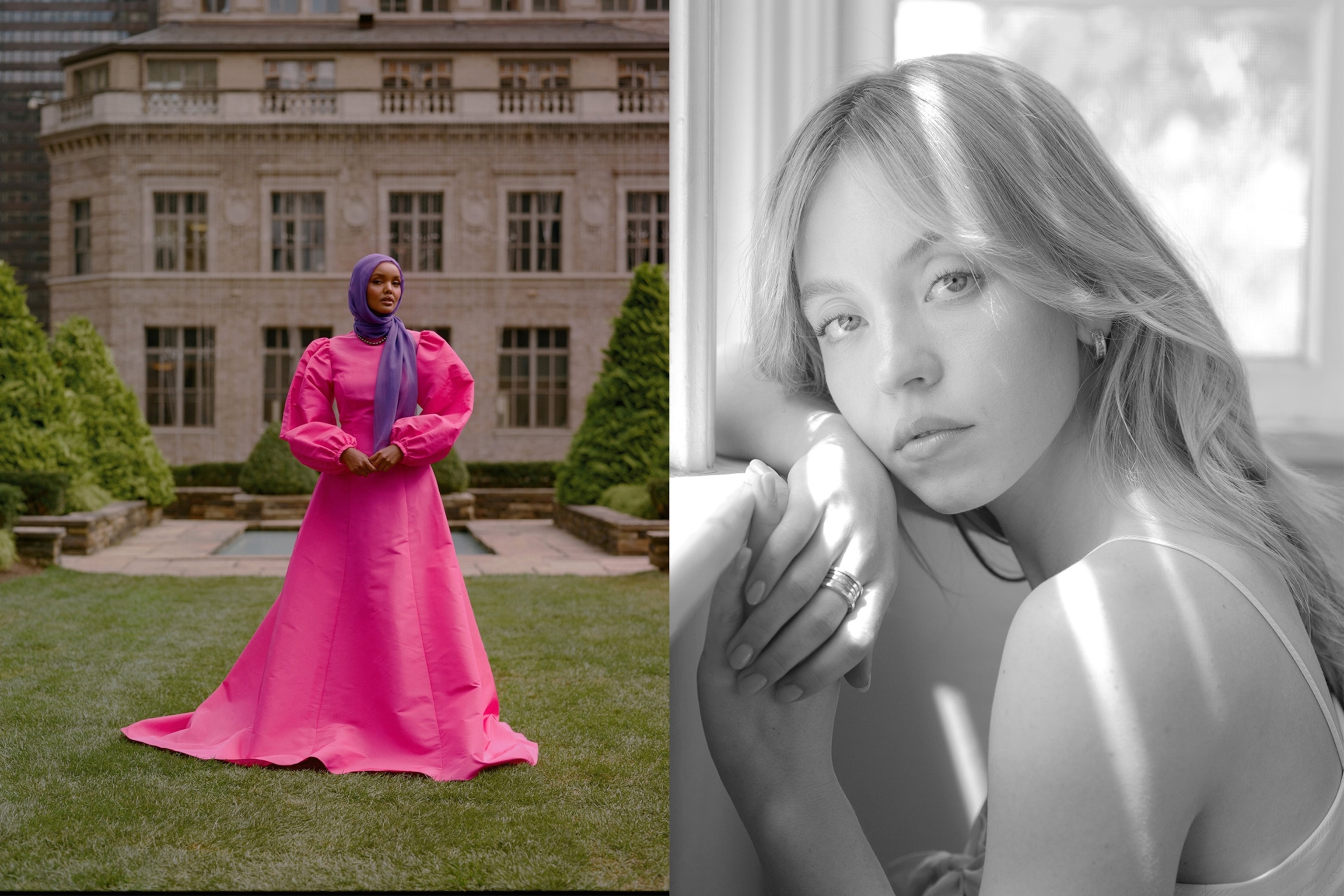 portrait of a woman with a long pink dress and a purple headscarf next to a black and white portrait of a woman resting her head on her arms