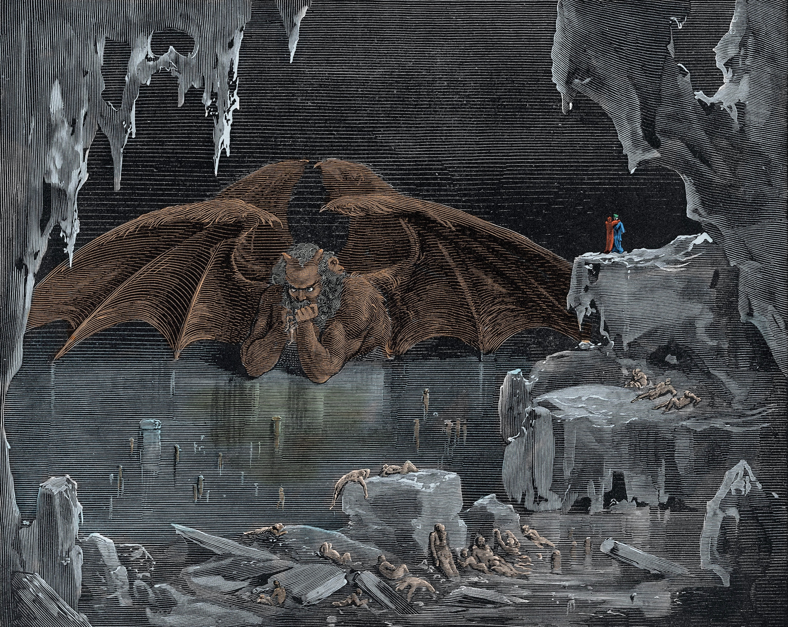 In this late 19th-century illustration by Gustave Doré, Lucifer, trapped in ice, devours the traitors Judas, Brutus, and Cassius.