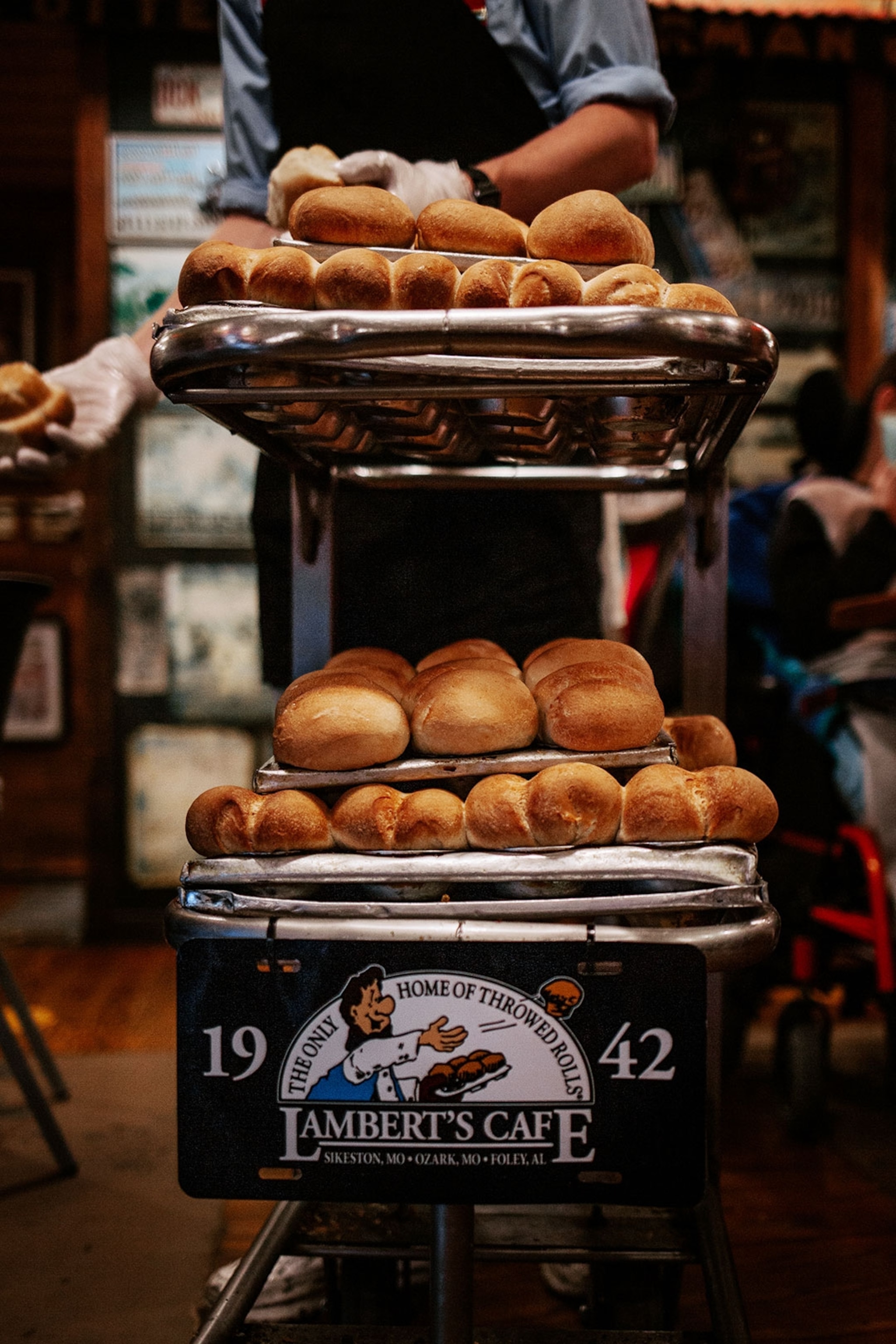 A close up of the throwed rolls at Lambert's Cafe in Ozark, Christian County, Missouri