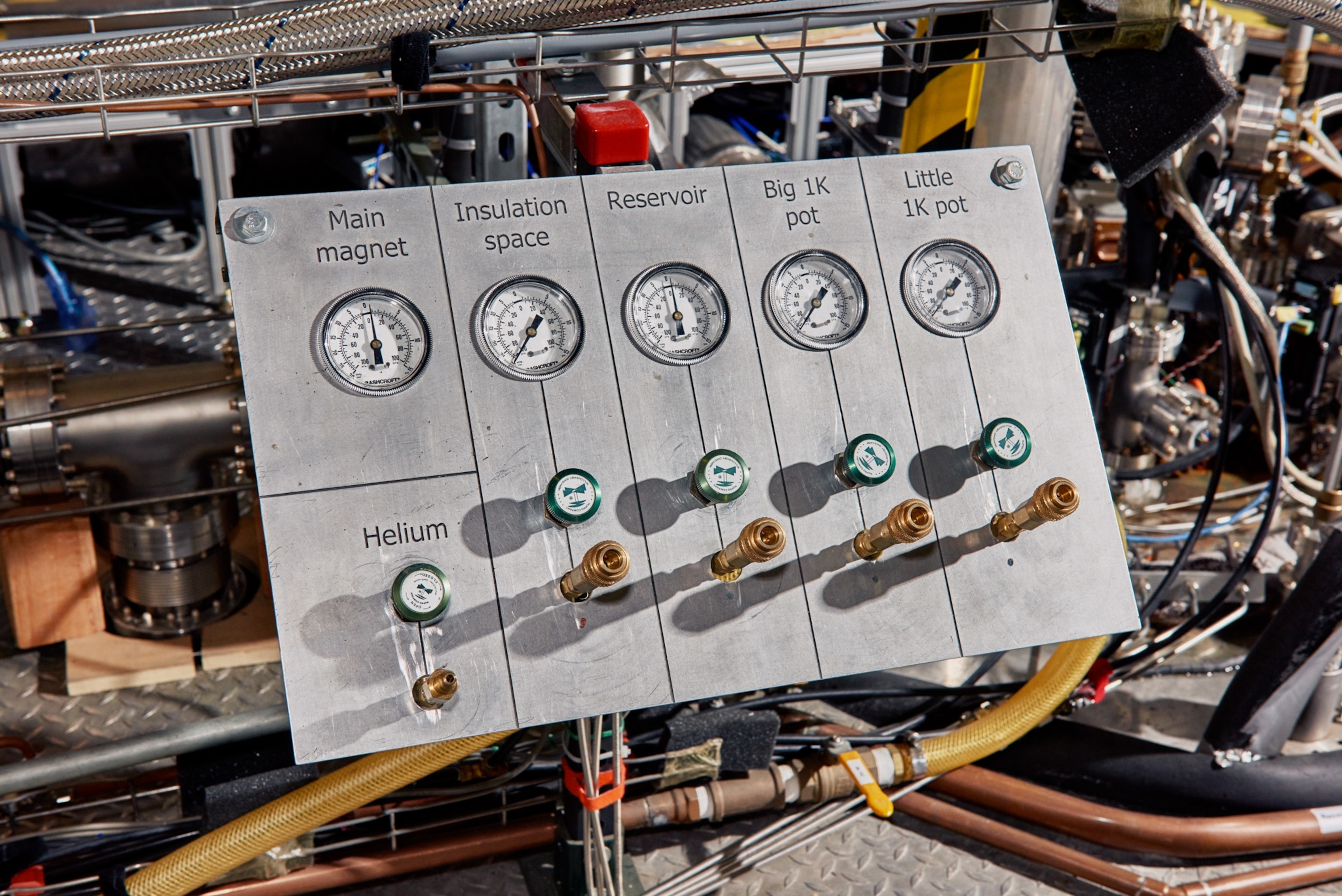a gauge display showing pressures and other measurements of the magnet at the lab