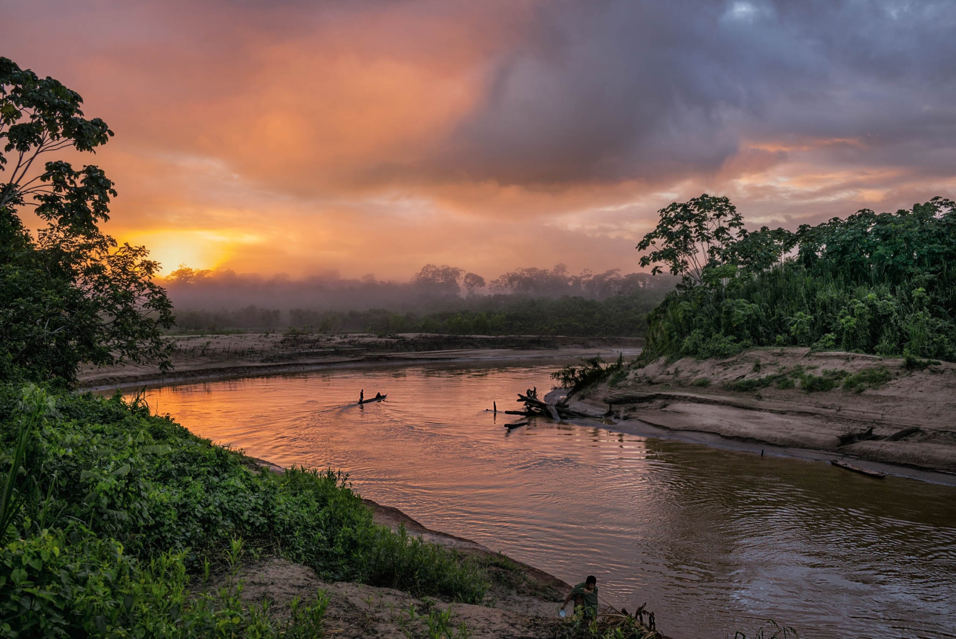 a river in a forest at sunset