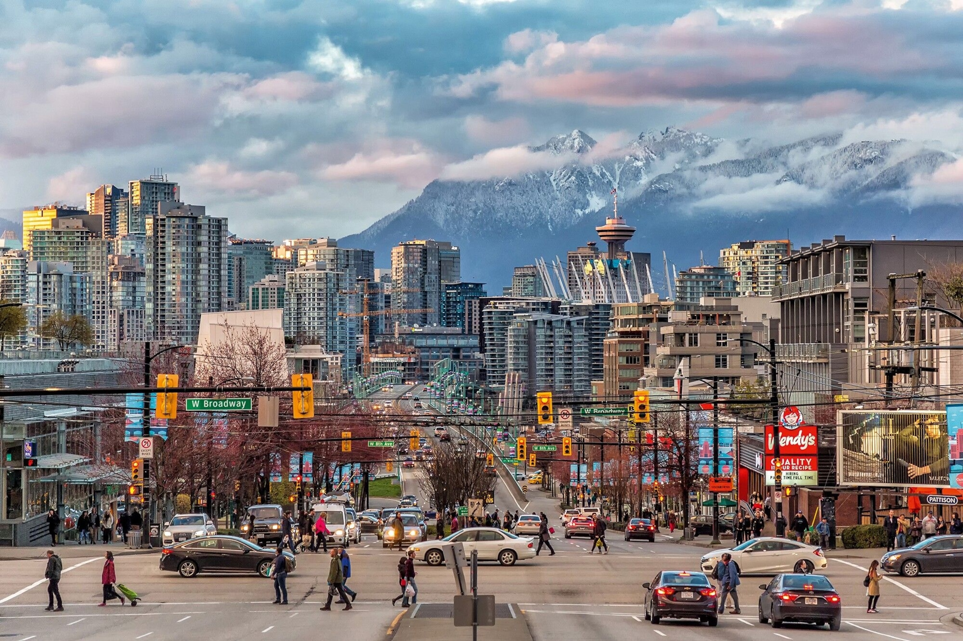 Vancouver’s downtown, framed by snow-capped mountains.