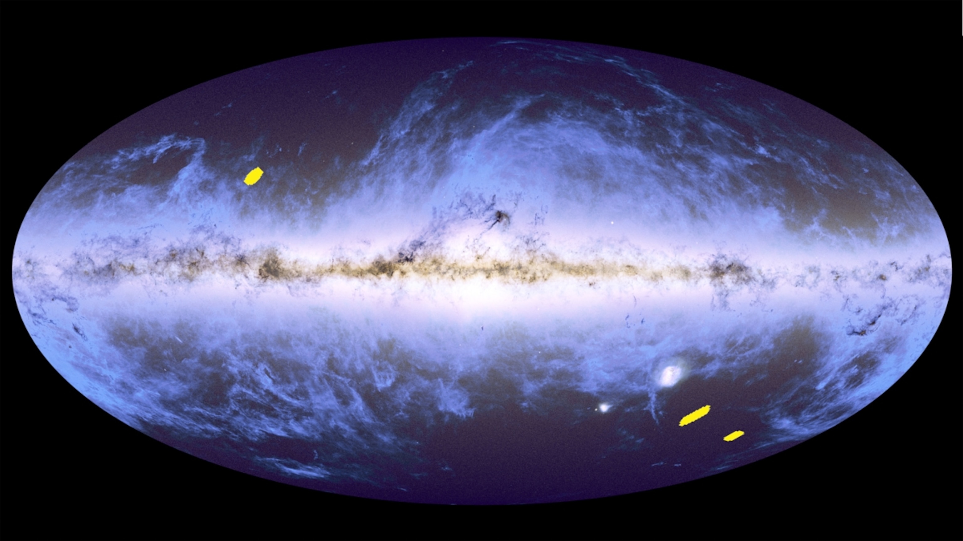 An oval image showing a projection of the night sky with the bright plane of our Milky Way galaxy running horizontally through the centre. Cloud-like features representing stars and interstellar gas and dust extend above and below the plane. Three small regions are marked in yellow, indicating the locations of Euclid’s three deep field surveys. One is above and to the left of the horizontal plane, the other two are to the bottom right. All three are located in seemingly emptier regions, in between the cloud-like features