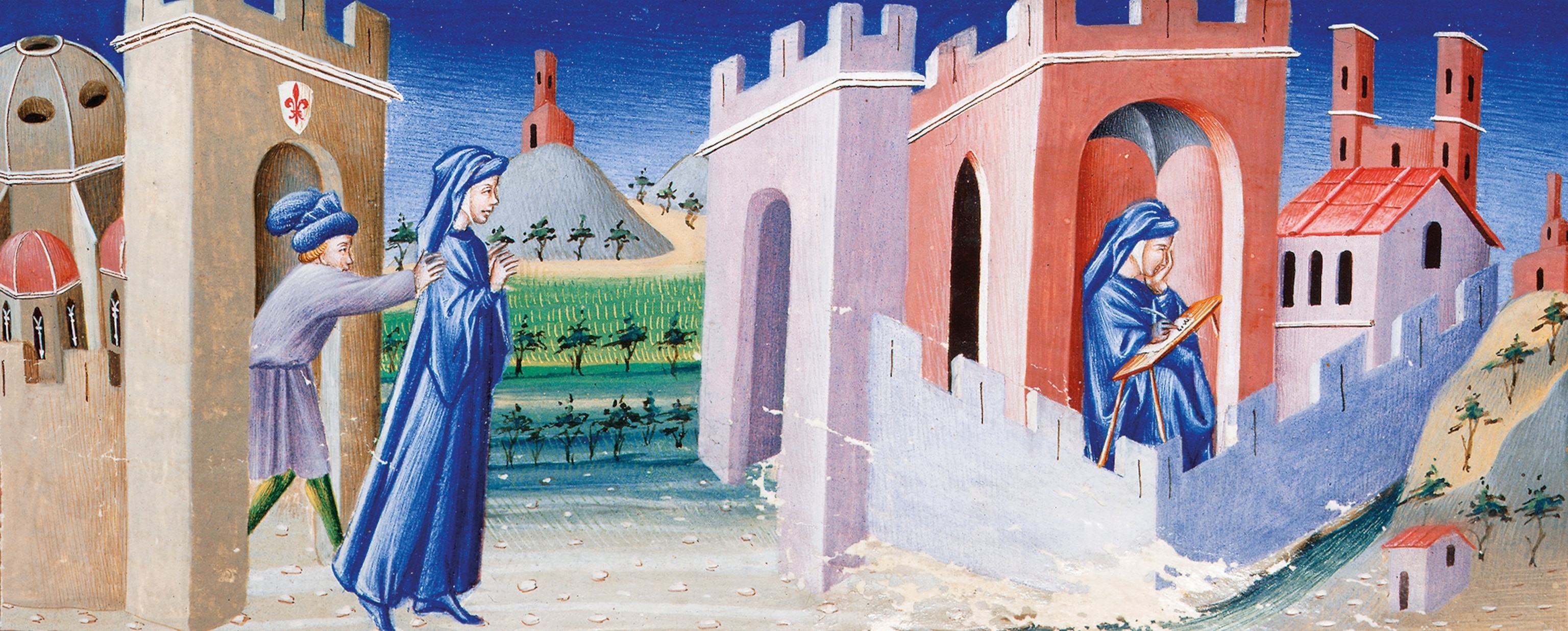 Banished from Florence, Dante lives out his life in Ravenna in this 14th-century illustrated miniature.
