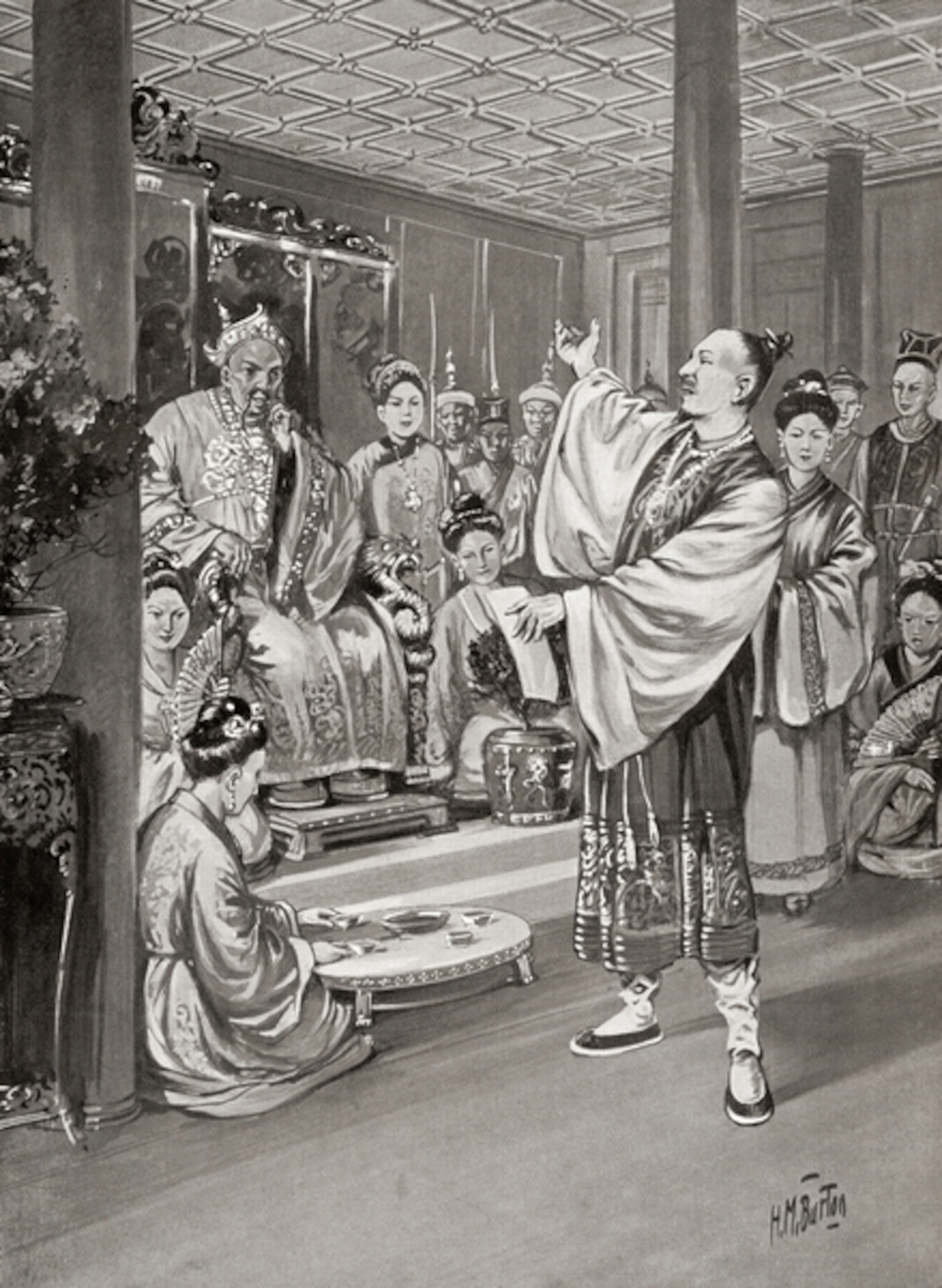 Painting of man performing in front of man on throne
