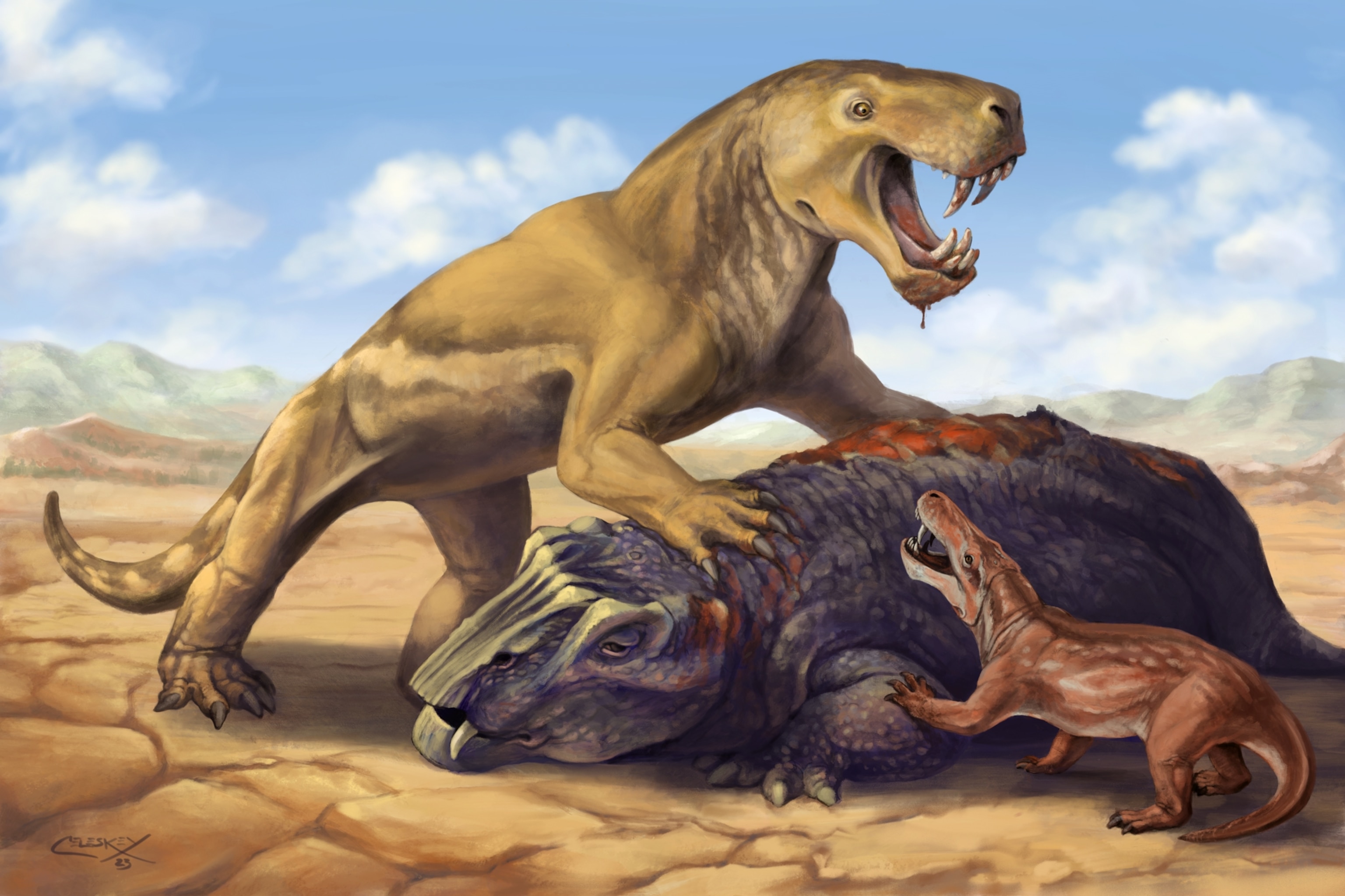 A giant Gorgonopsian inostrancevia standing atop the corpse of its pry, mouth open exposing its long fangs to scare away a smaller Cyonosaurus.