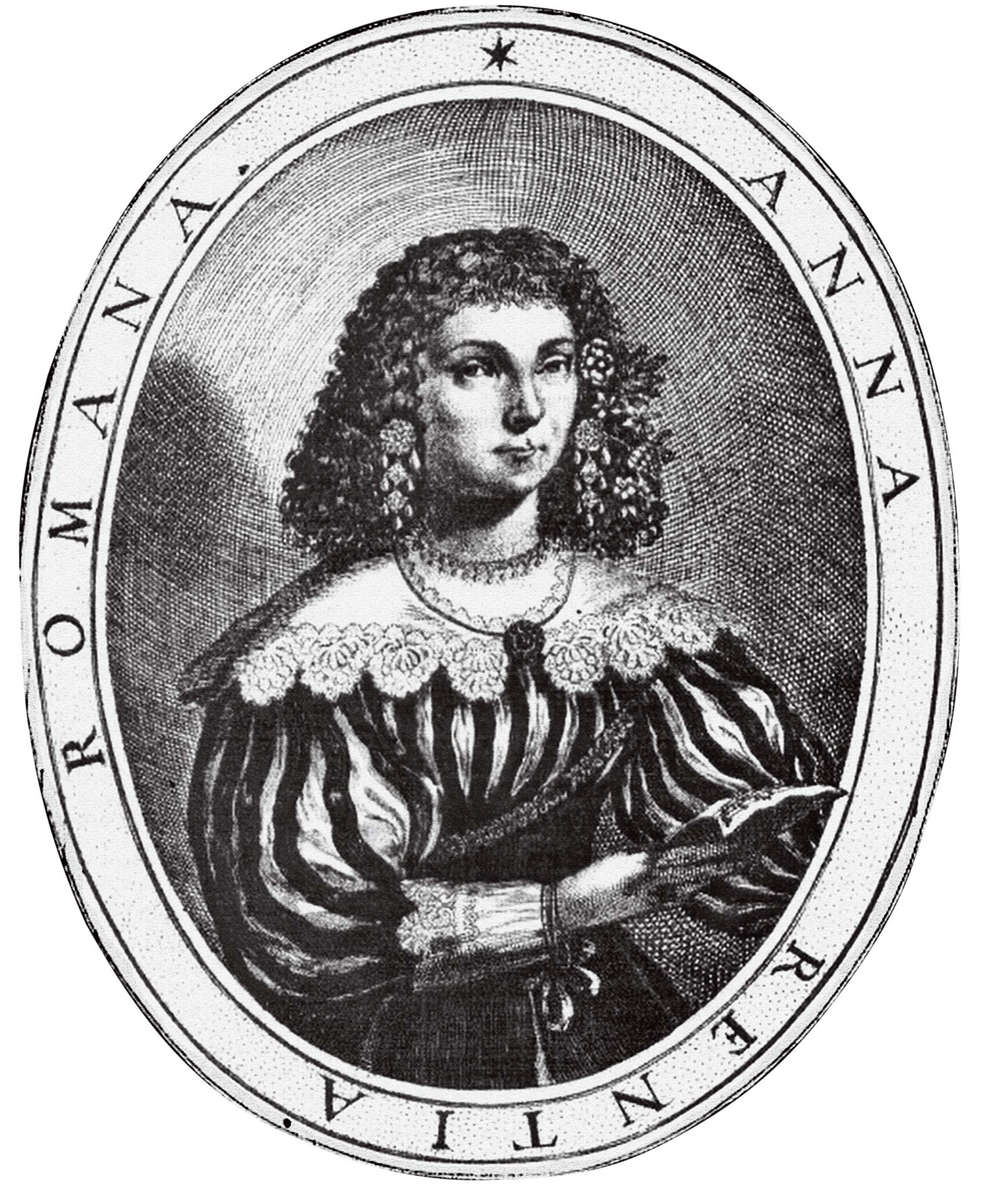 An illustrated portrait with her name on the banner of Anna Renzi