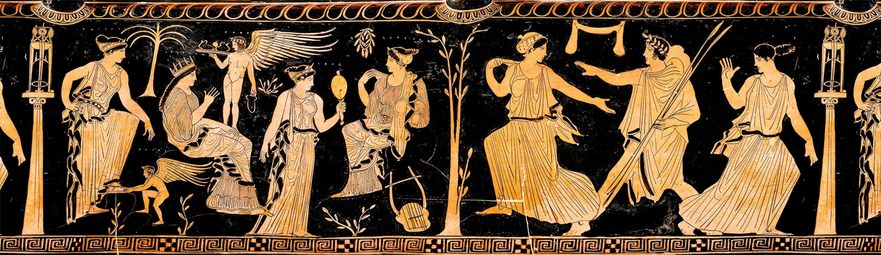 The Kadmos Painter, a circa 425 B.C. amphora, depicts a festive scene of a crowned bride second from left surrounded by attendants who are preparing her for her wedding. Eros, winged god of love, stands just behind. The scene on the other side of the jar shows a young man pursuing a woman on the left while another flees on the right.