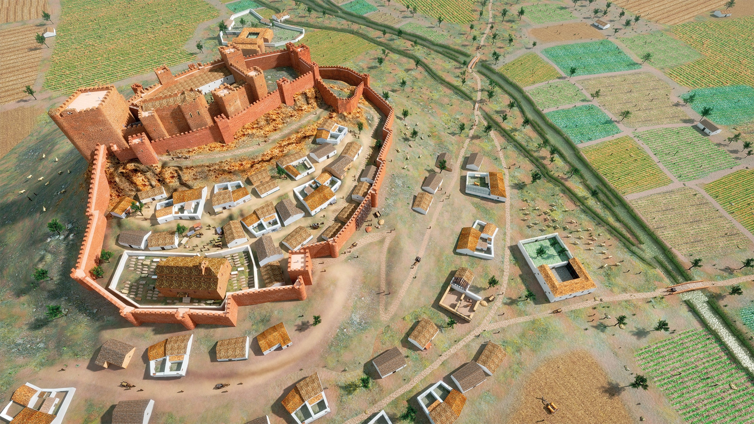 A 3D recreation of a fortified castle and village in Spain