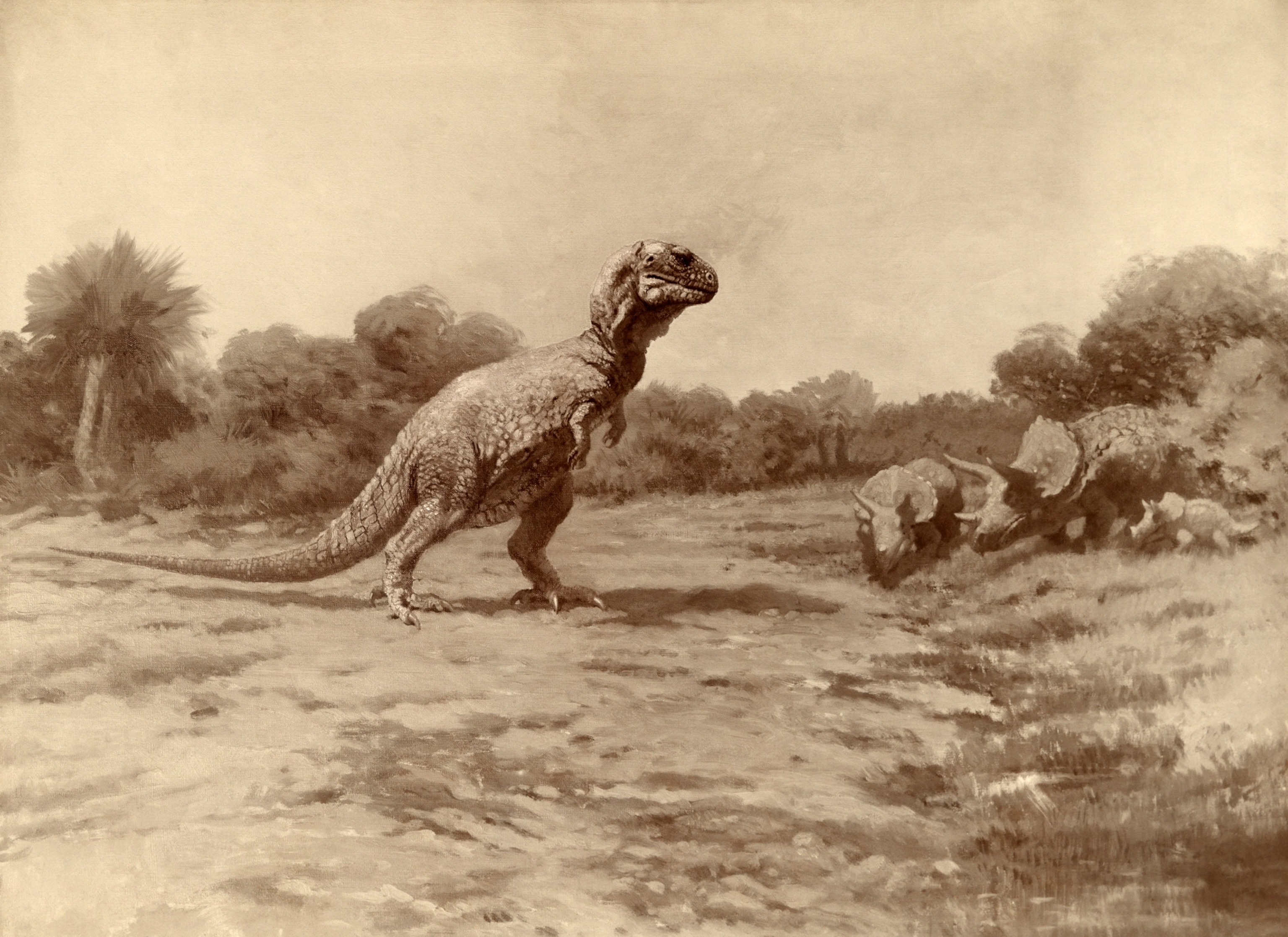 Monochrome picture of landscape with a tall dinosaur.
