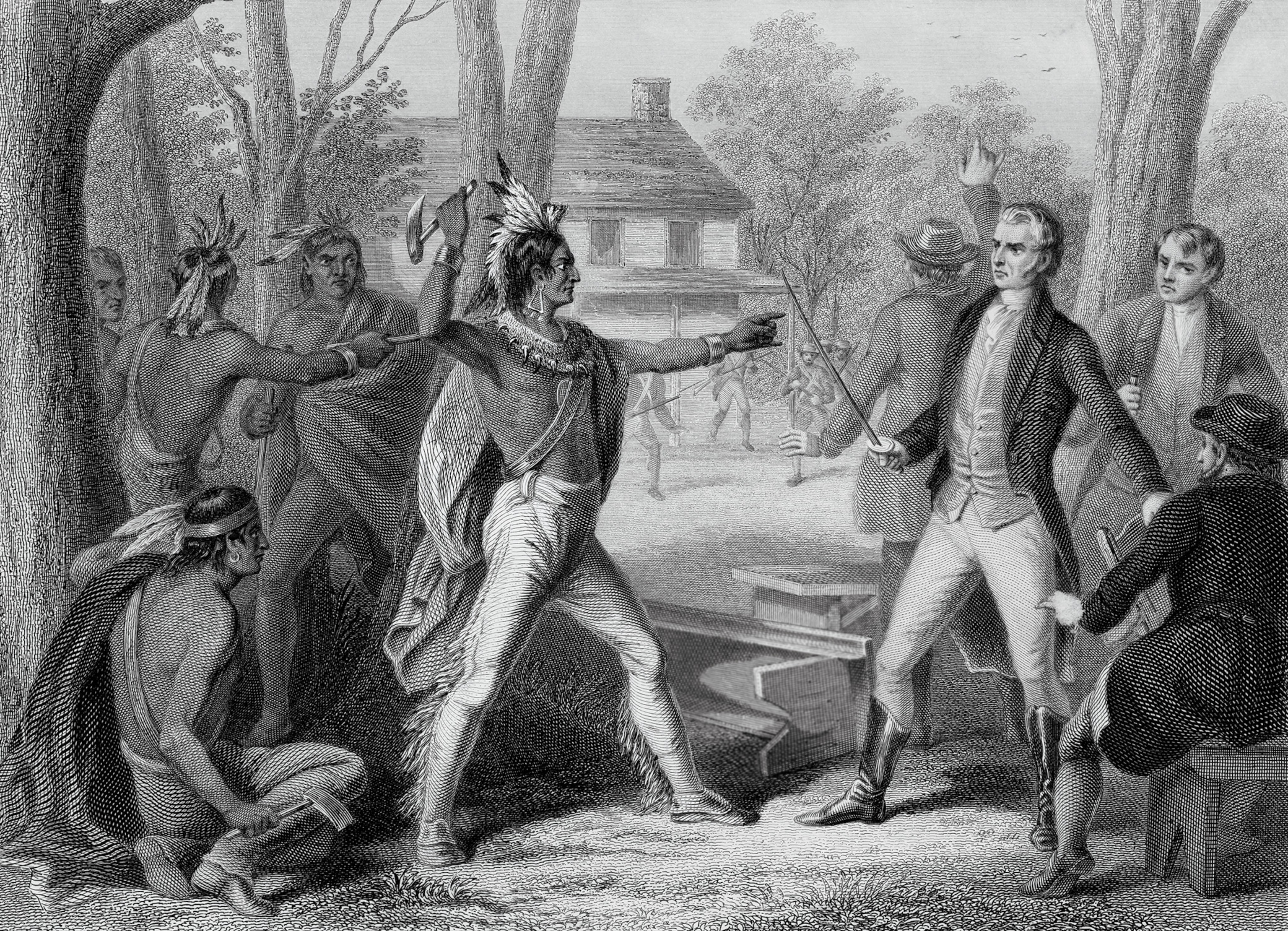 Shawnee leader Tecumseh confronts William Henry Harrison at an 1810 meeting in Indiana shown in an engraving by W. Ridgway.