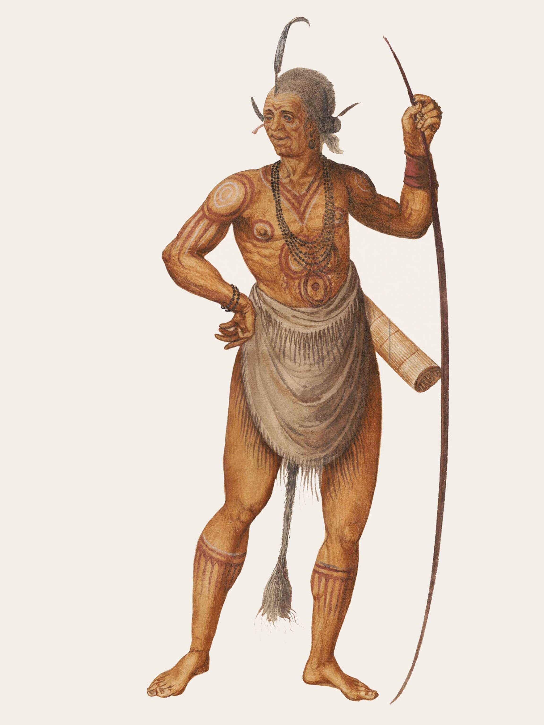 a chief adorned with painted designs standing tall.
