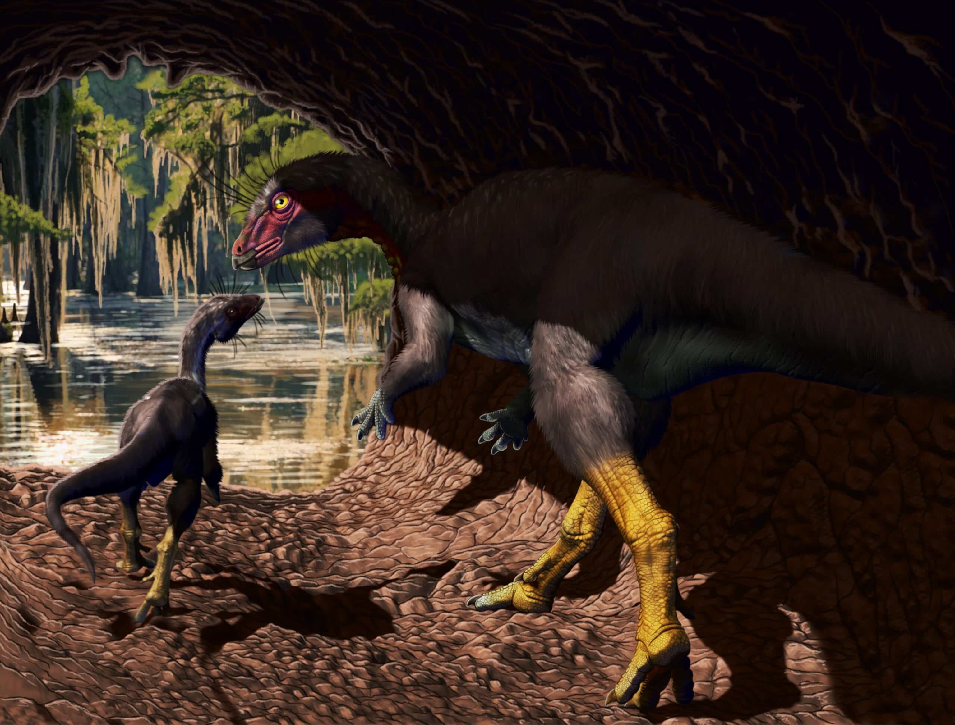 An illustration of an adult and young Fona dinosaur about to exit the mouth of a burrowed cave; outside the cave appears swampy and dense with foliage.