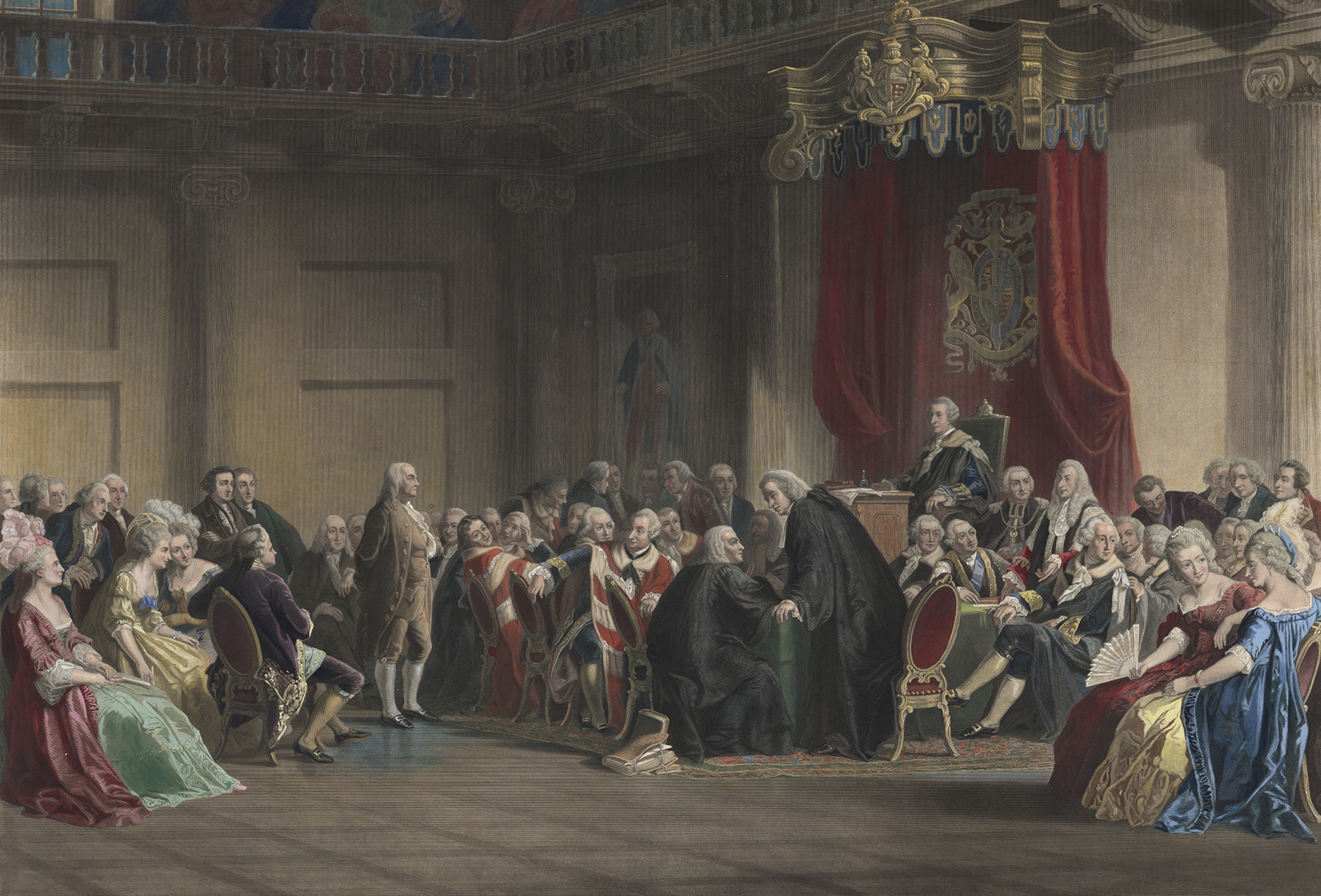 Benjamin Franklin standing before the Lords in Council in Whitehall Chapel, London in 1774, presenting the concerns of the American colonists.
