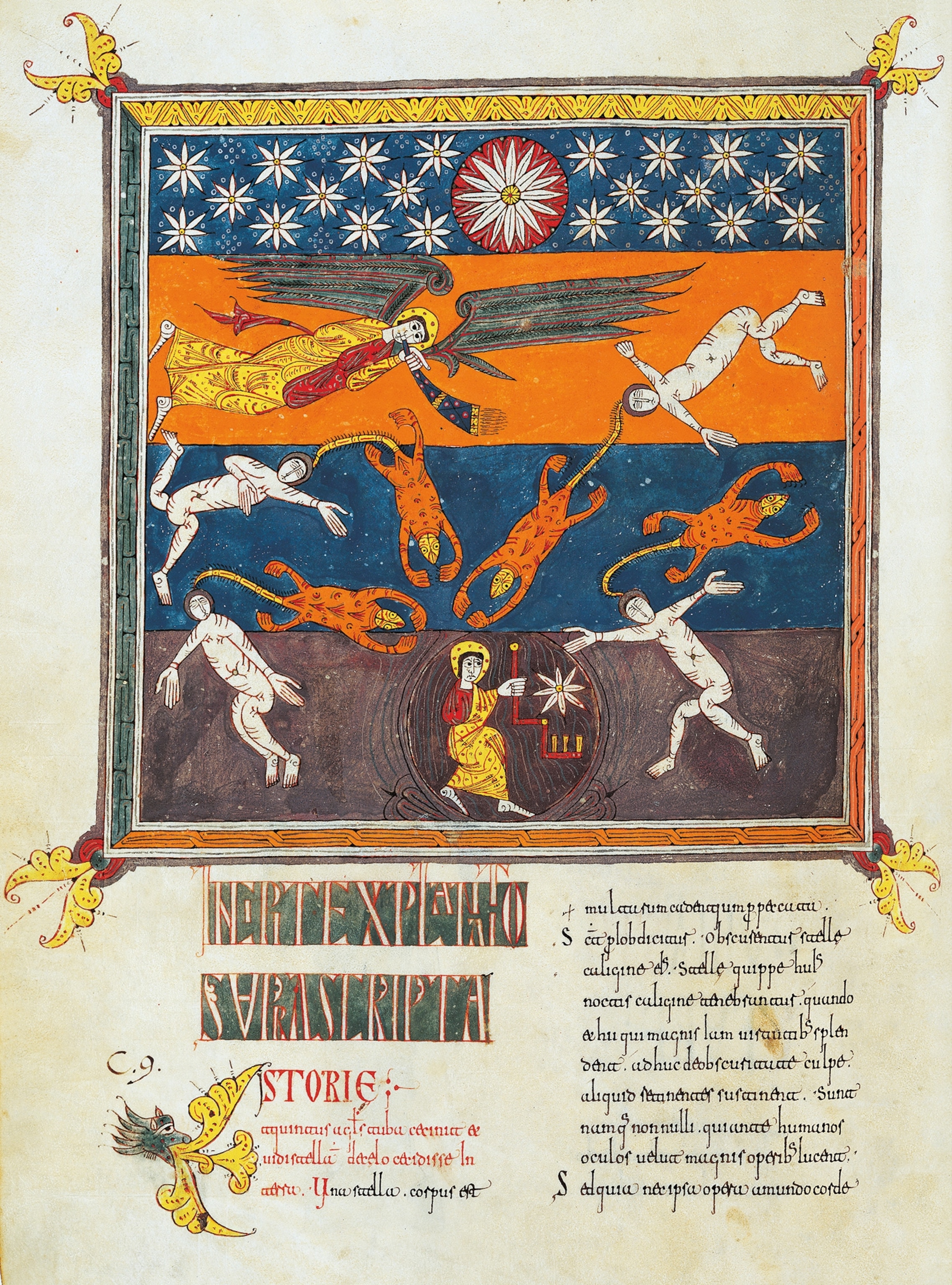 he everyday fears of medieval Europeans found their way in- to the illustrations featured in the surviving 27 illustrated Beatus Apocalypses. A vivid scene from the ninth chapter of the Book of Revelation describes how locusts emerge from the bottomless pit when an angel sounds its horn. In the Silos Apocalypse, the “fall- en star” who unlocks the “shaft of the Abyss” can be seen as a human figure at the bottom of the frame.