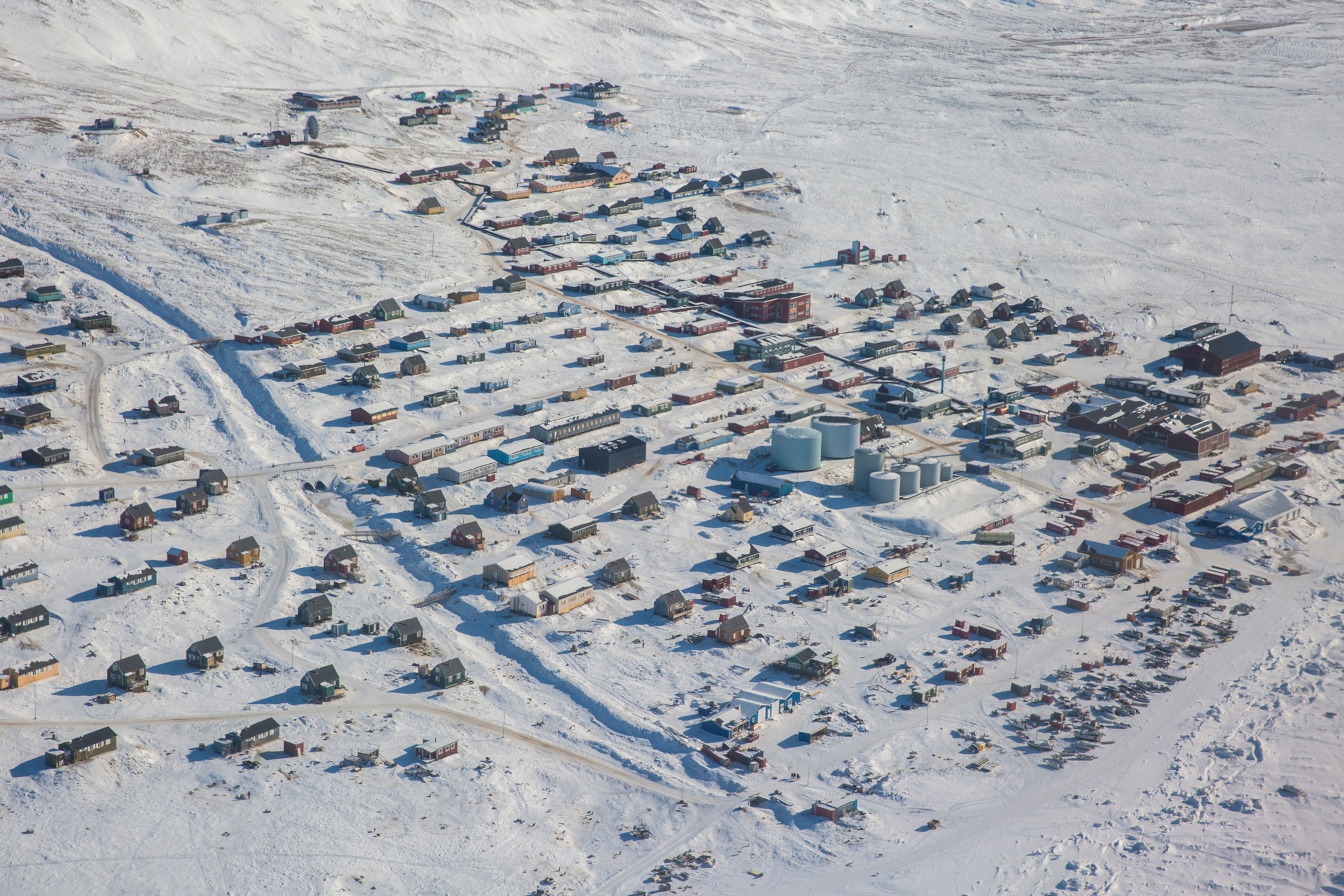 Aerial view of the small town of Qaanaaq, Greenland's northernmost permanent settlement.