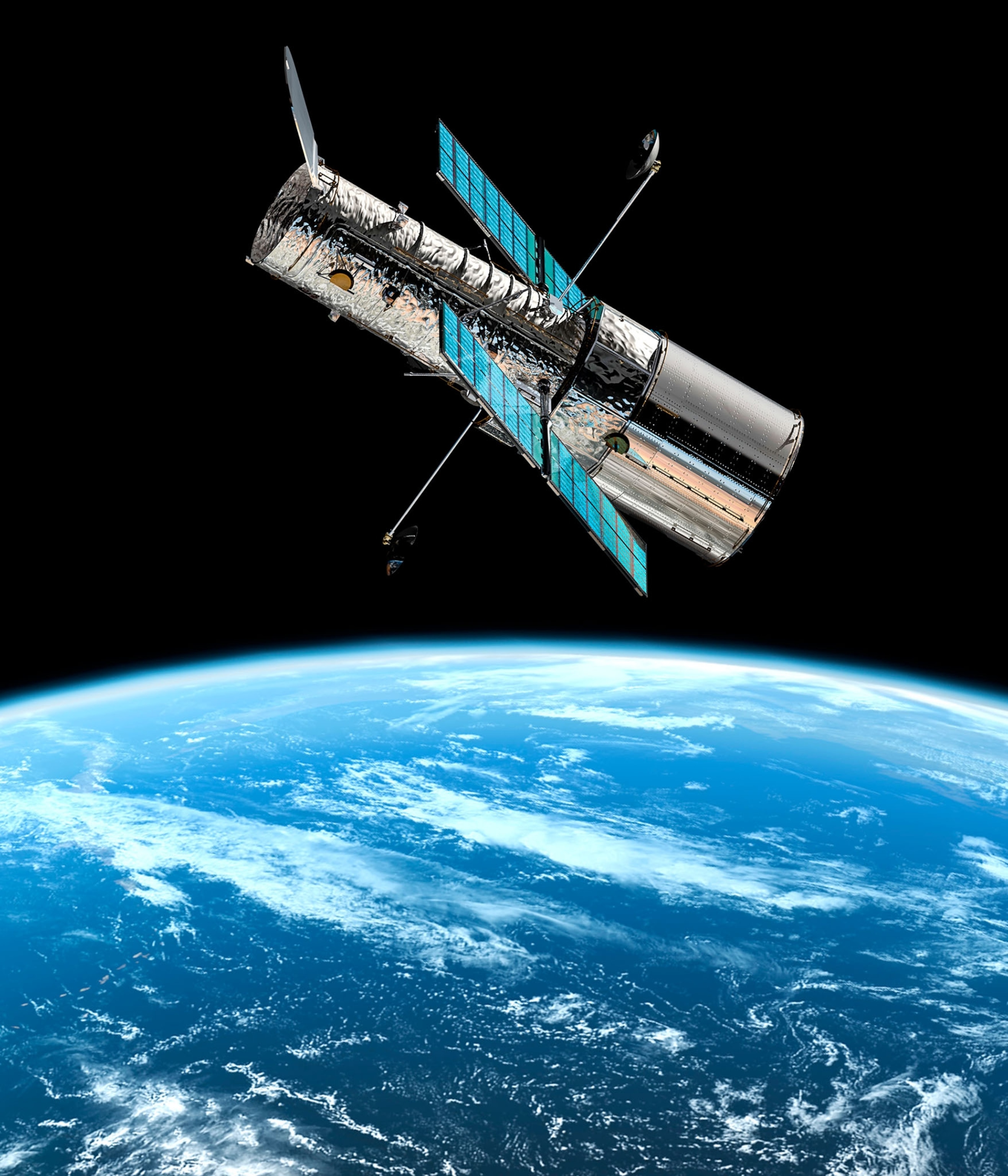 Hubble on black skies over blue Earth.