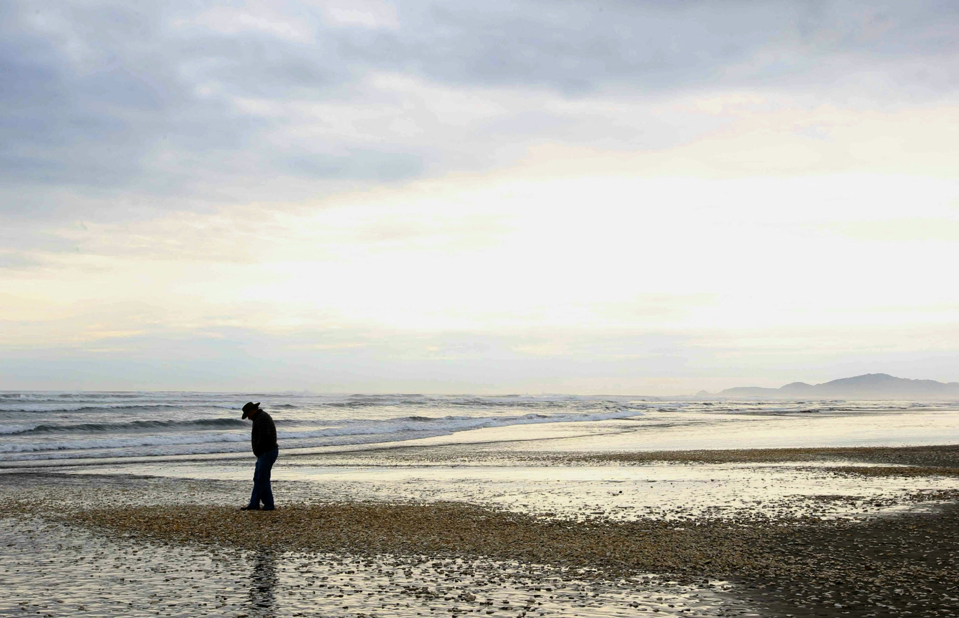 A man stands silhouetted on the shore, at his feet thousands of dead clams cover the beach.