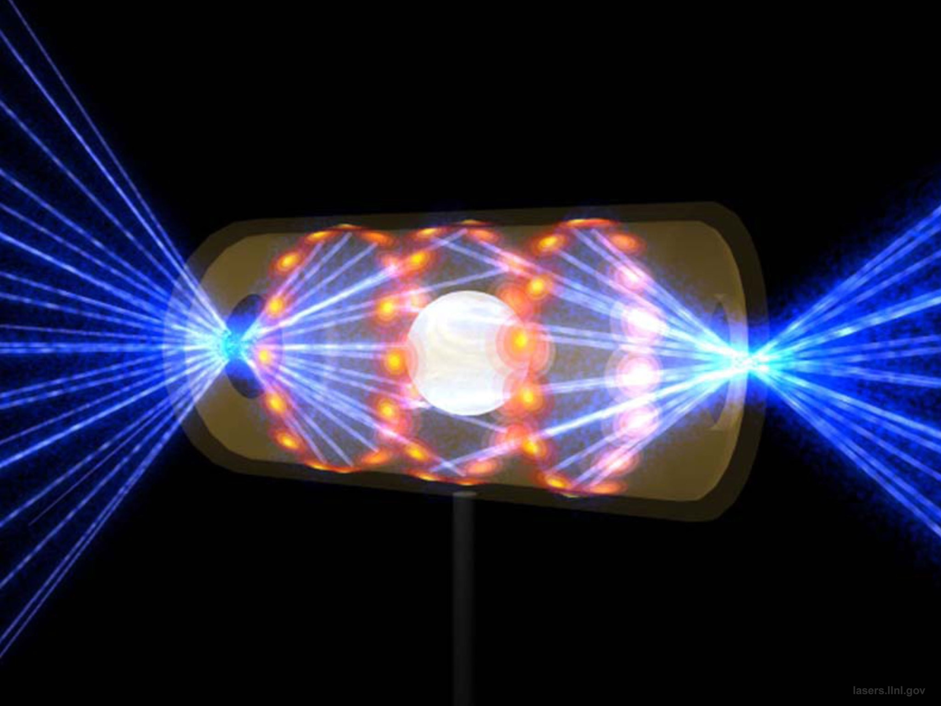 This artist’s rendering shows a NIF target pellet inside a hohlraum capsule with laser beams entering through openings on either end.