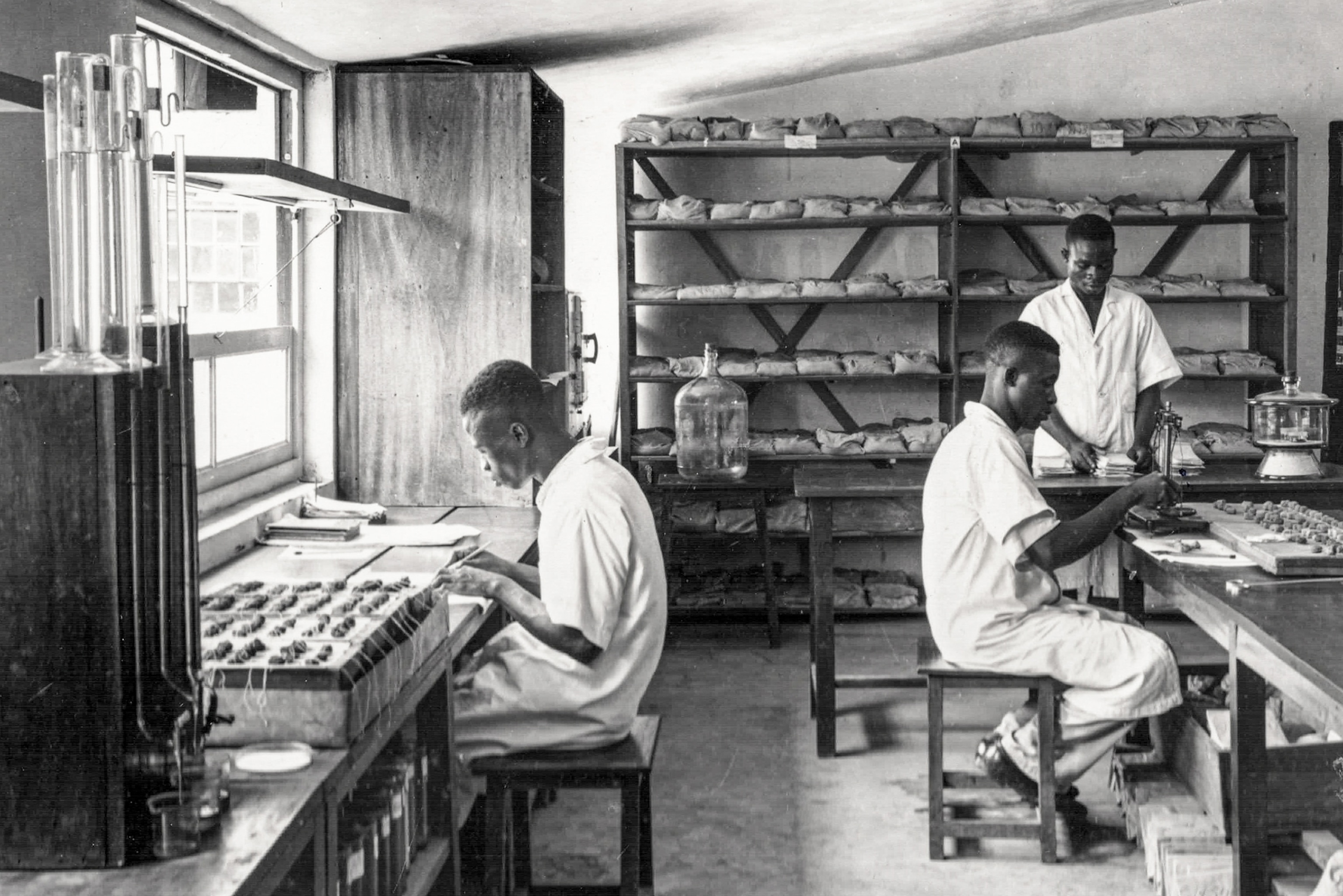 Three men wearing white are photographed while working. Two men are seated at desks, facing away from eachother, and the third male is standing in the back.