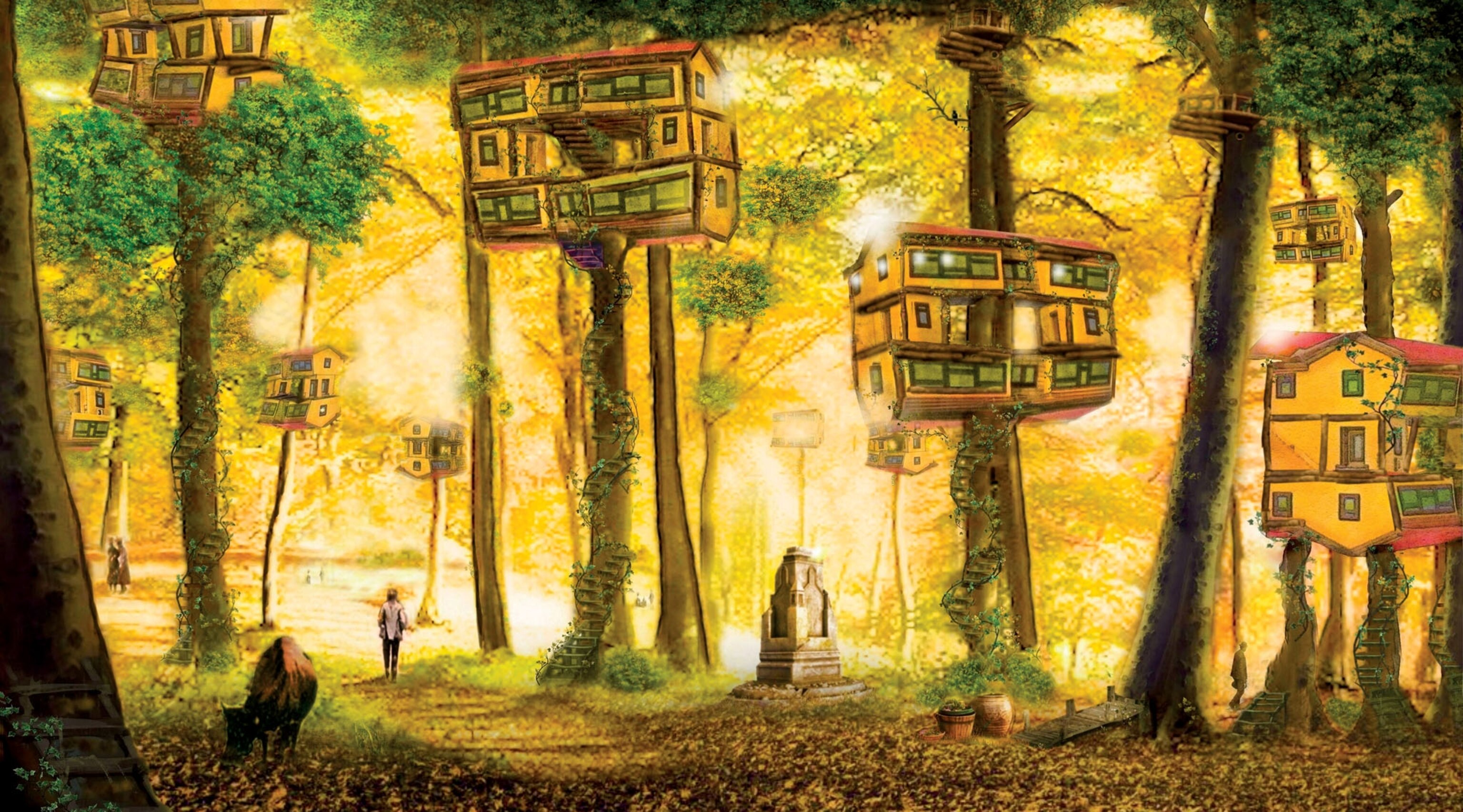 Ghana's capital with cabins built in tree tops and light shining through