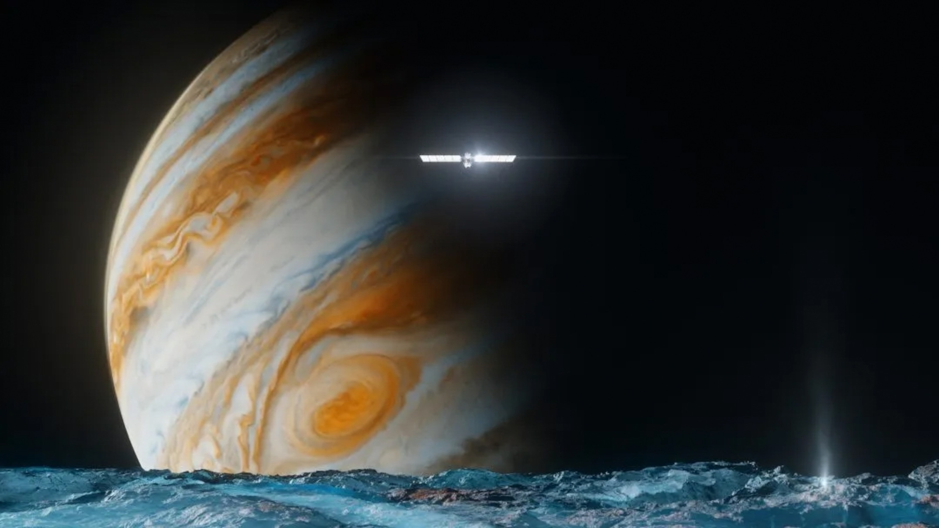 An illustration depicting the icy and rocky surface of Europa with an active geyser; the unmanned Europa clipper spacecraft is seen glimmering above, as Jupiter looms large in the background.