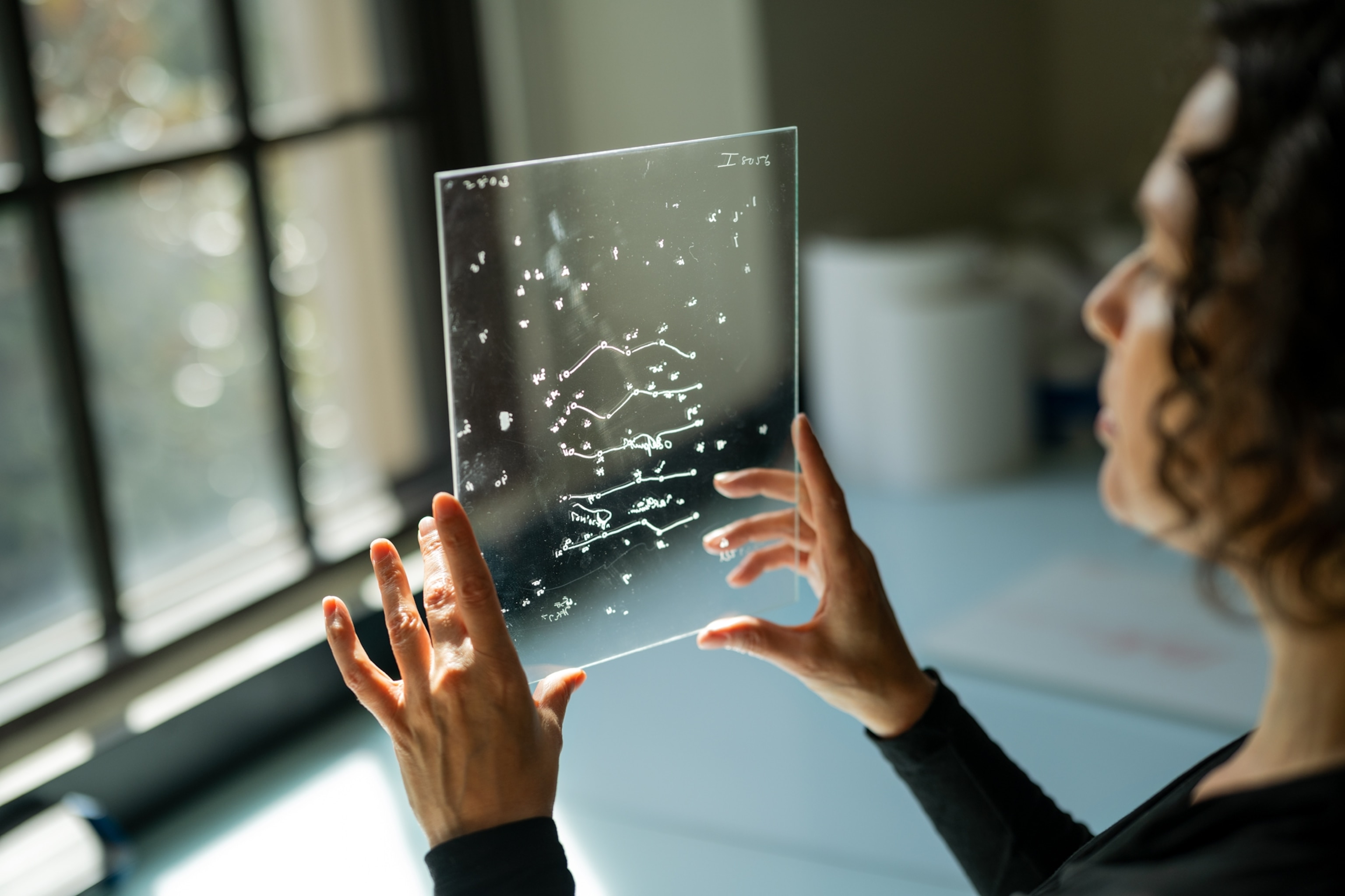 Picture of woman holding glass plate against window.
