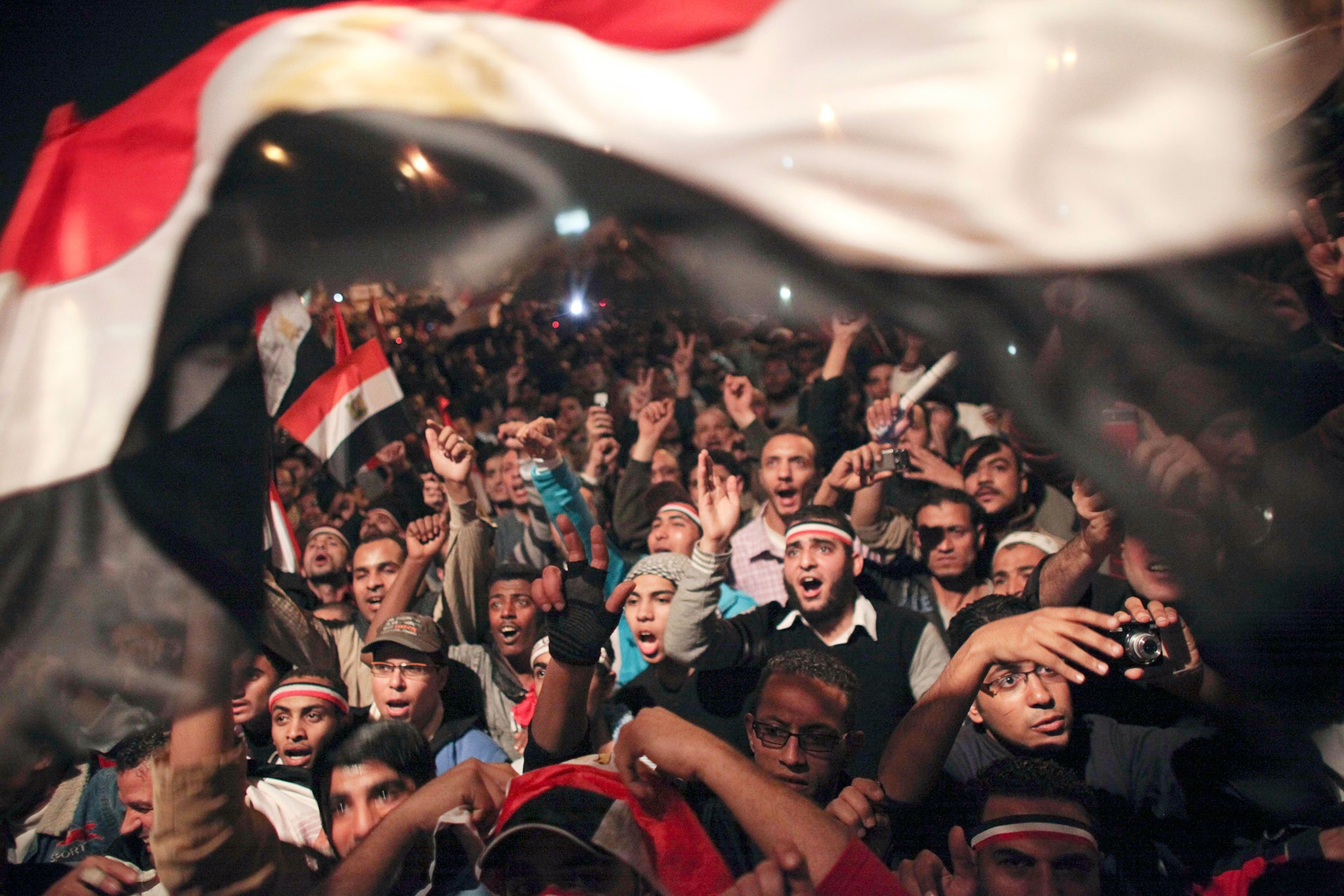 Protestors celebrate in Tahrir Square in downtown Cairo
