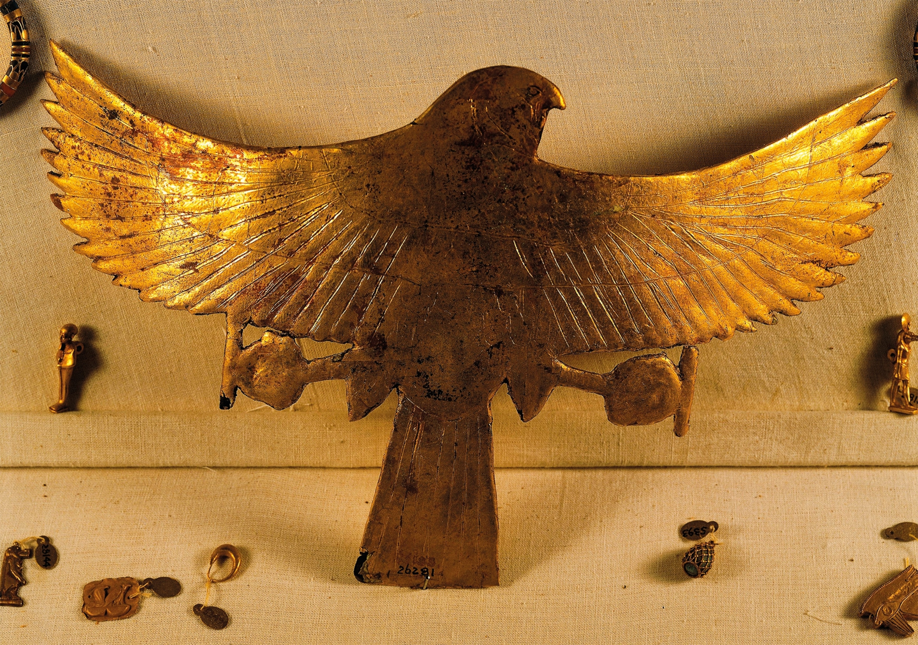 This gold falcon, which was discovered at the Tomb of Hetepheres, is now at the Egyptian Museum in Cairo.