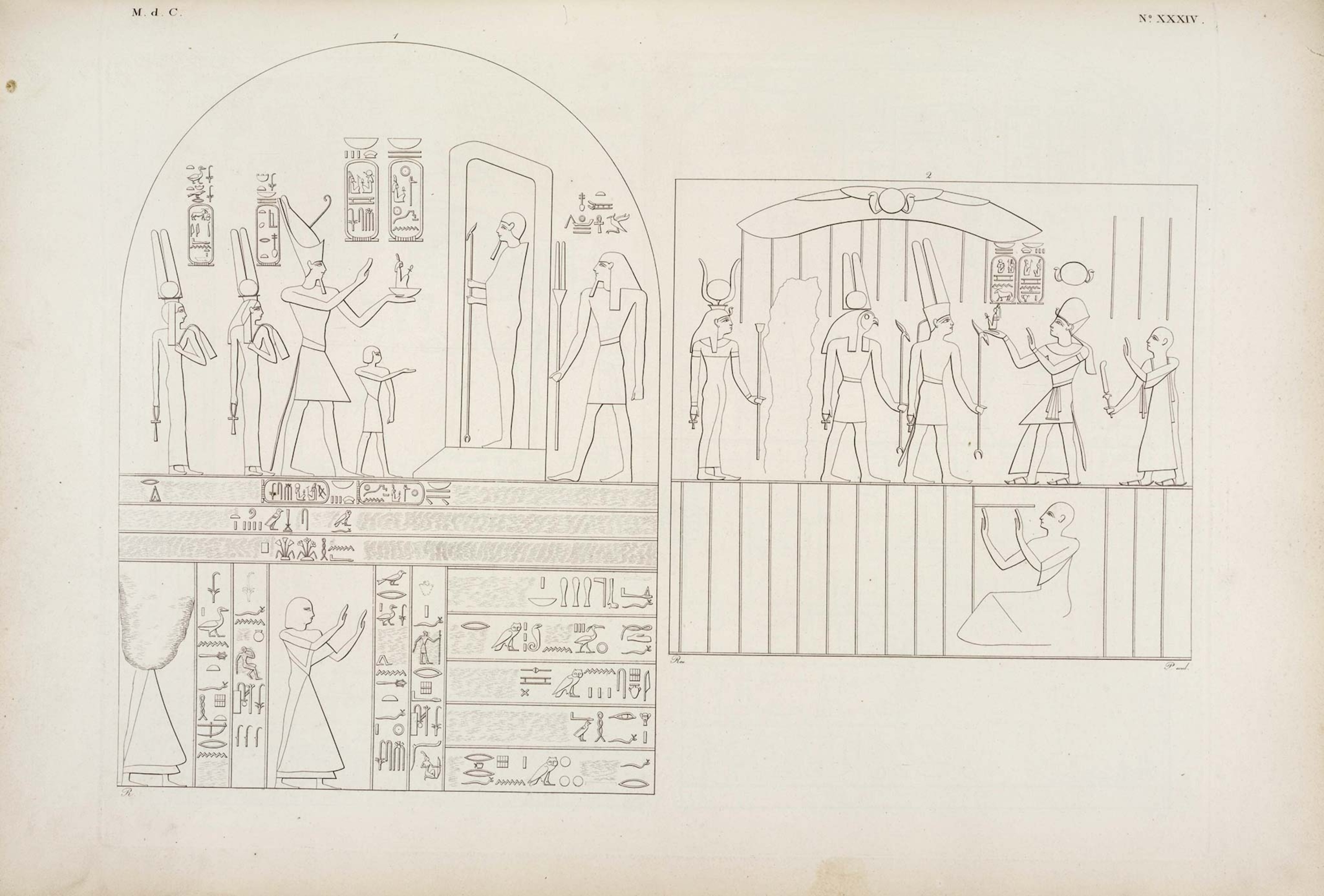 Ramses II, followed by his wife Isetnofret, makes an offering to the god Ptah in this drawing of a relief in the Gebel el Silsila Mountains, the site of important ancient Egyptian quarries.