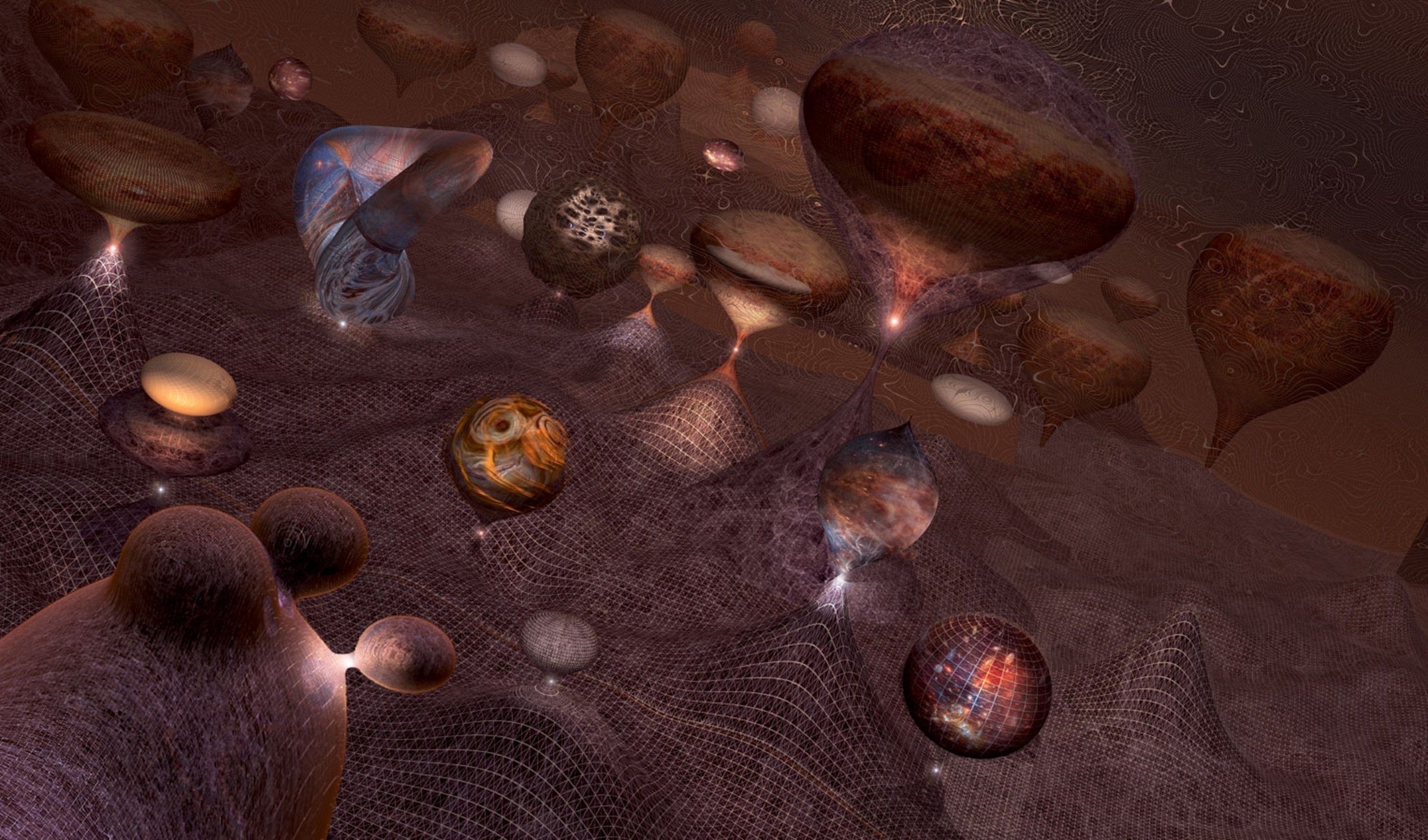 Art showing a conceptual view of multiple universes born from the big bang
