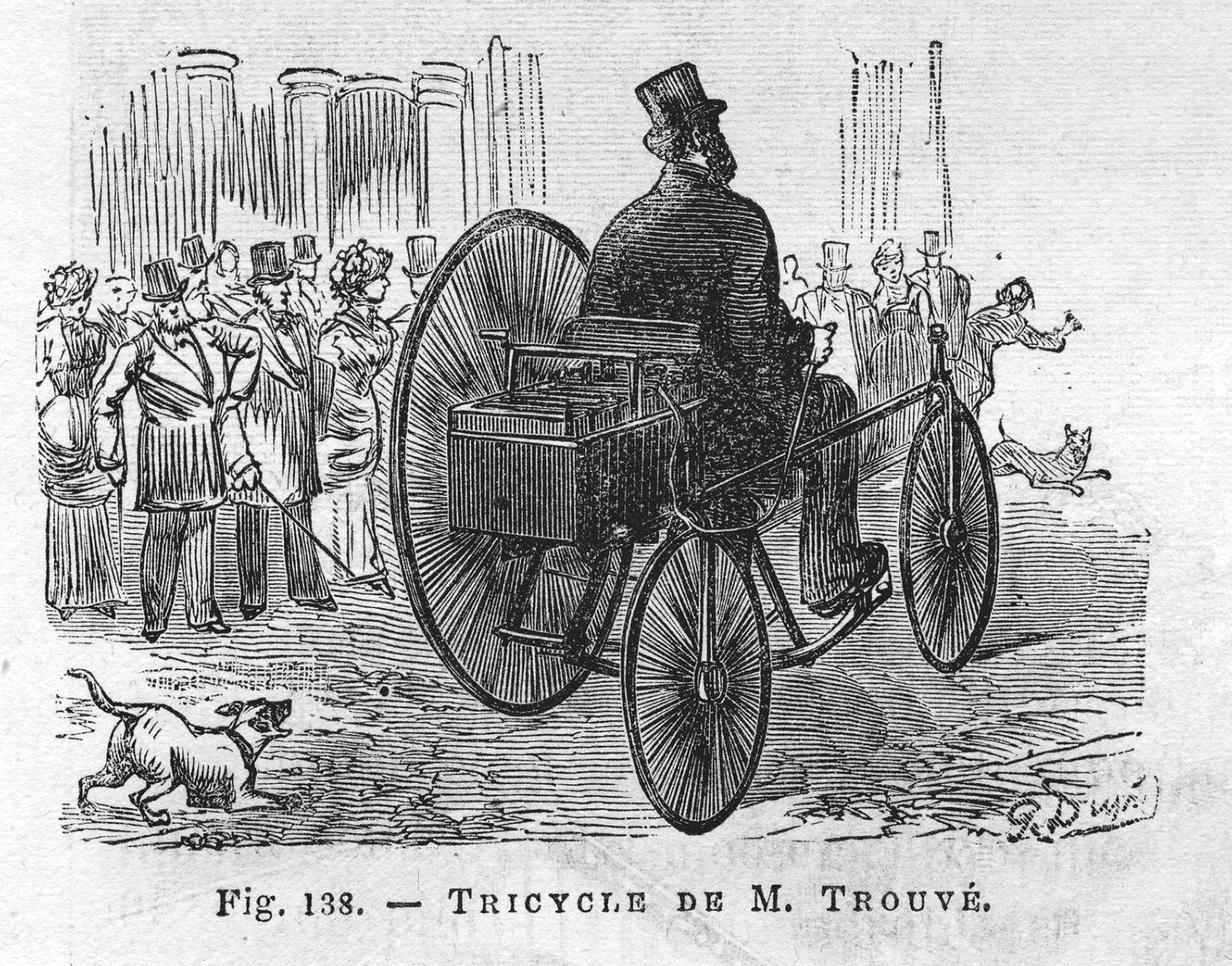 Picture of gravure of man in top hat on electric tricycle.
