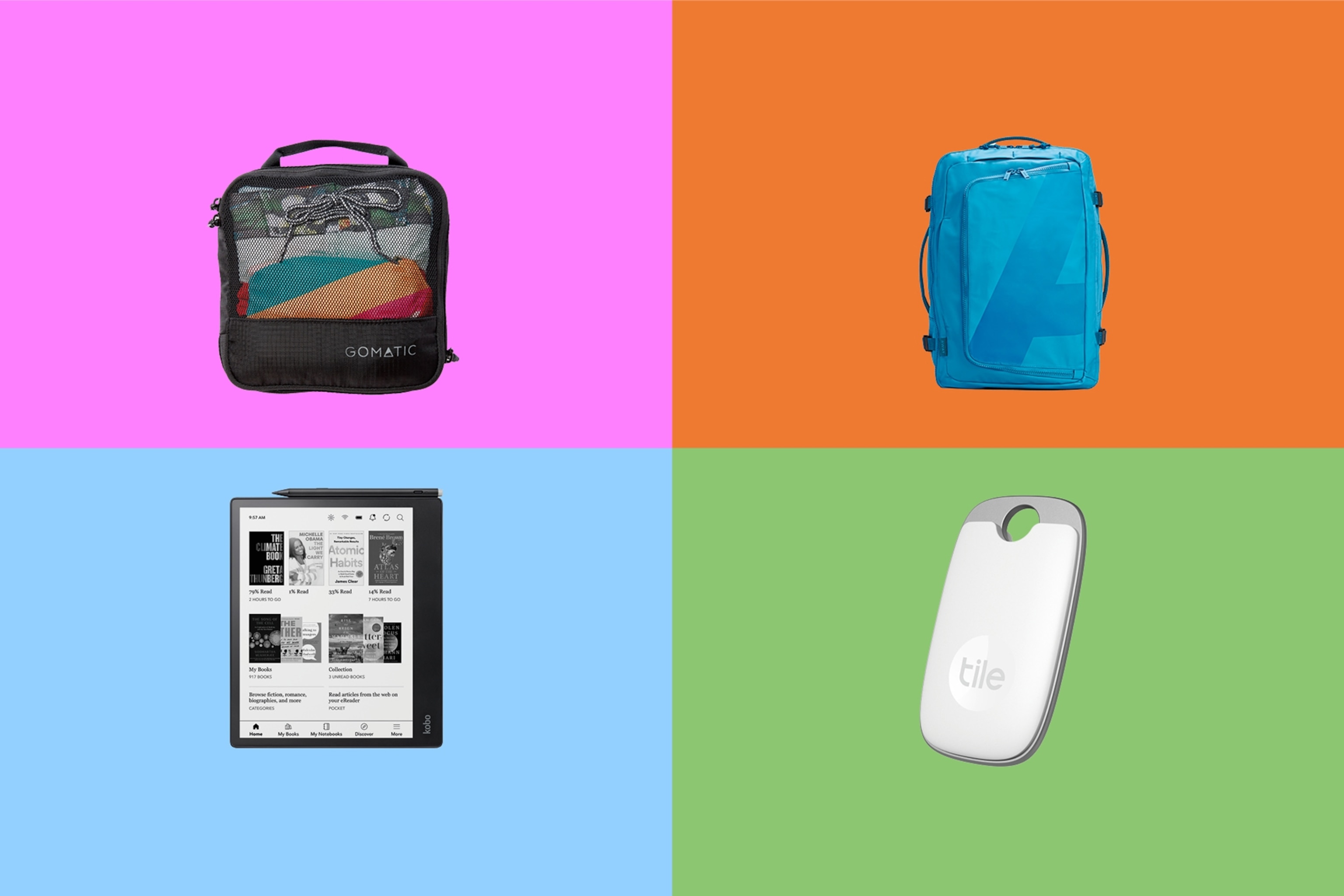 Packing cubes, a convertible backpack, an e-reader and a tile pro tracker.